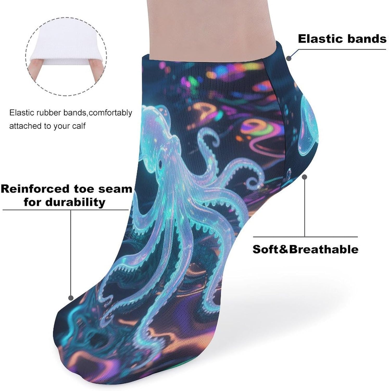 Socks for Men Women 5 Pairs Short Ankle Socks | Fluorescent Squid Low Cut Casual Crew Sock Cute Breathable Athletic Socks Non Slip No Show Sock