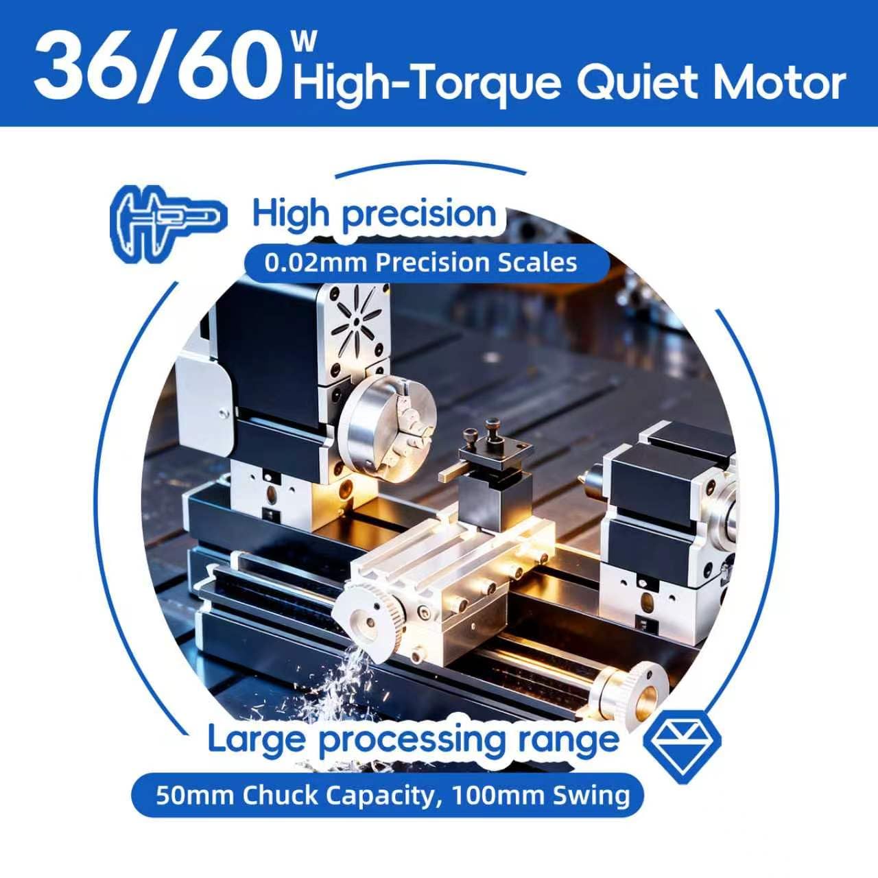 Mini tornio interamente in metallo rialzato, diametro di tornitura massimo 50 mm, 36 W, 20000 giri/min, precisione 0,02 mm, include 5 frese in metallo duro, pronto all'uso per hobbisti e fai da