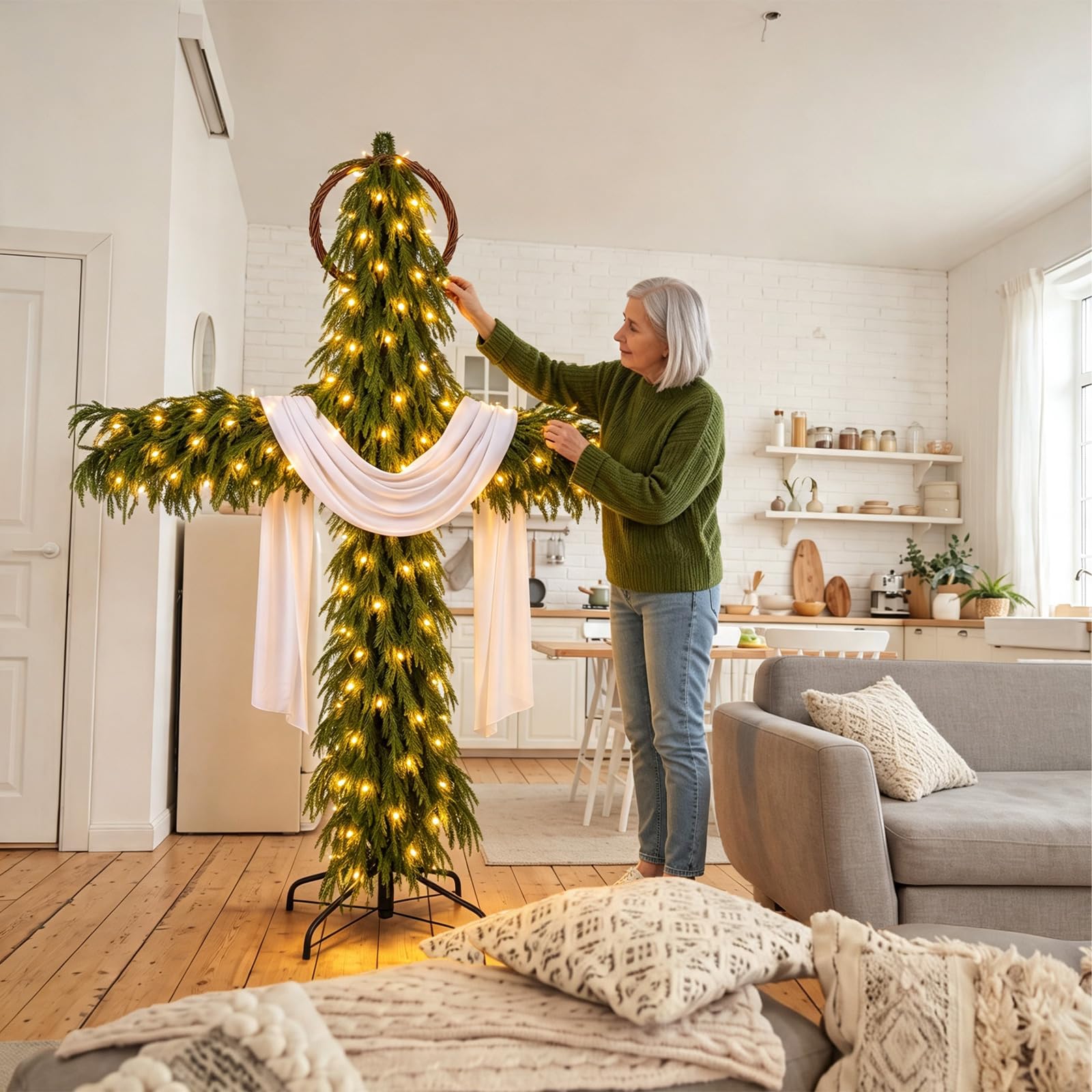 Junkin Árbol de Navidad de cruz de 6 pies con luces, decoración católica de