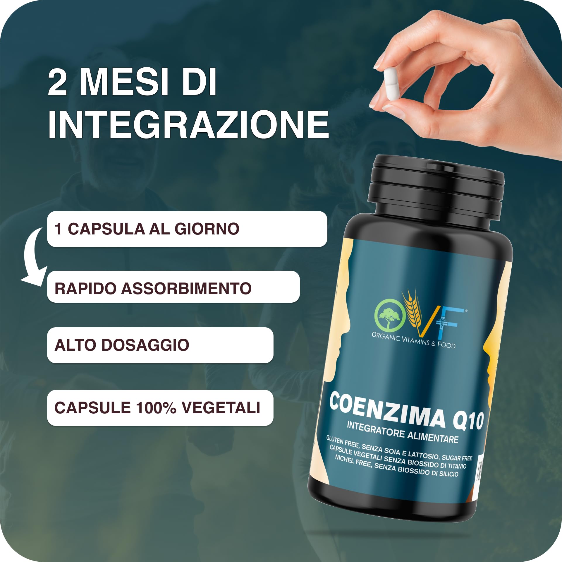 OVF Coenzima Q10 100mg (60 Cps) - Sostegno Energetico e Cardiaco - Integratore Naturale - Q10 Coenzima Antiossidante AntiAge per la Pelle e il Sistema Immunitario.