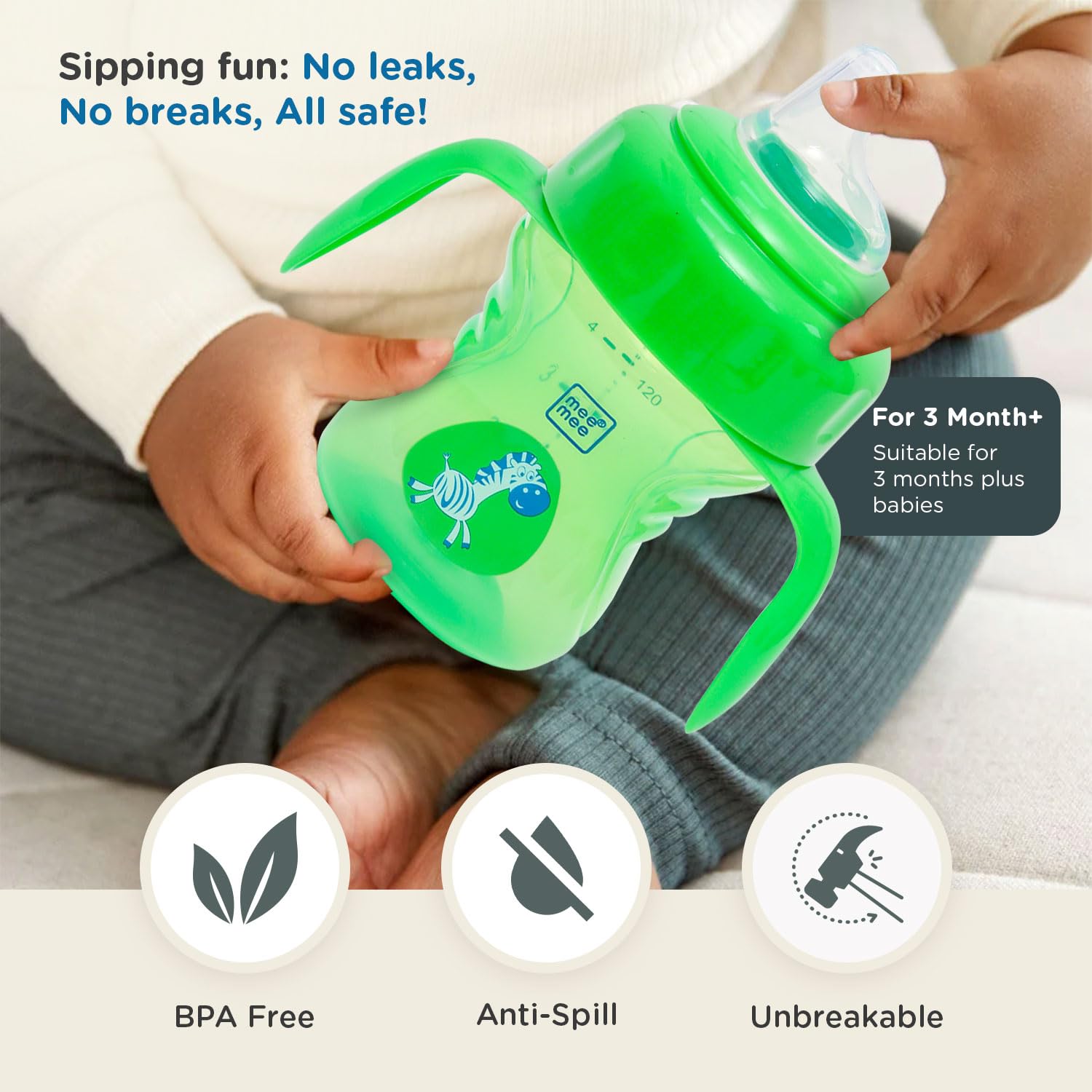 Mee Mee Baby Trainer Sippy Cup | Soft Spout, Leakproof Sipper for Toddlers | Dual Handle for Easy Grip | Non -Toxic, Lightweight & BPA Free, Green (150 Ml) - Image 4 thumbnail