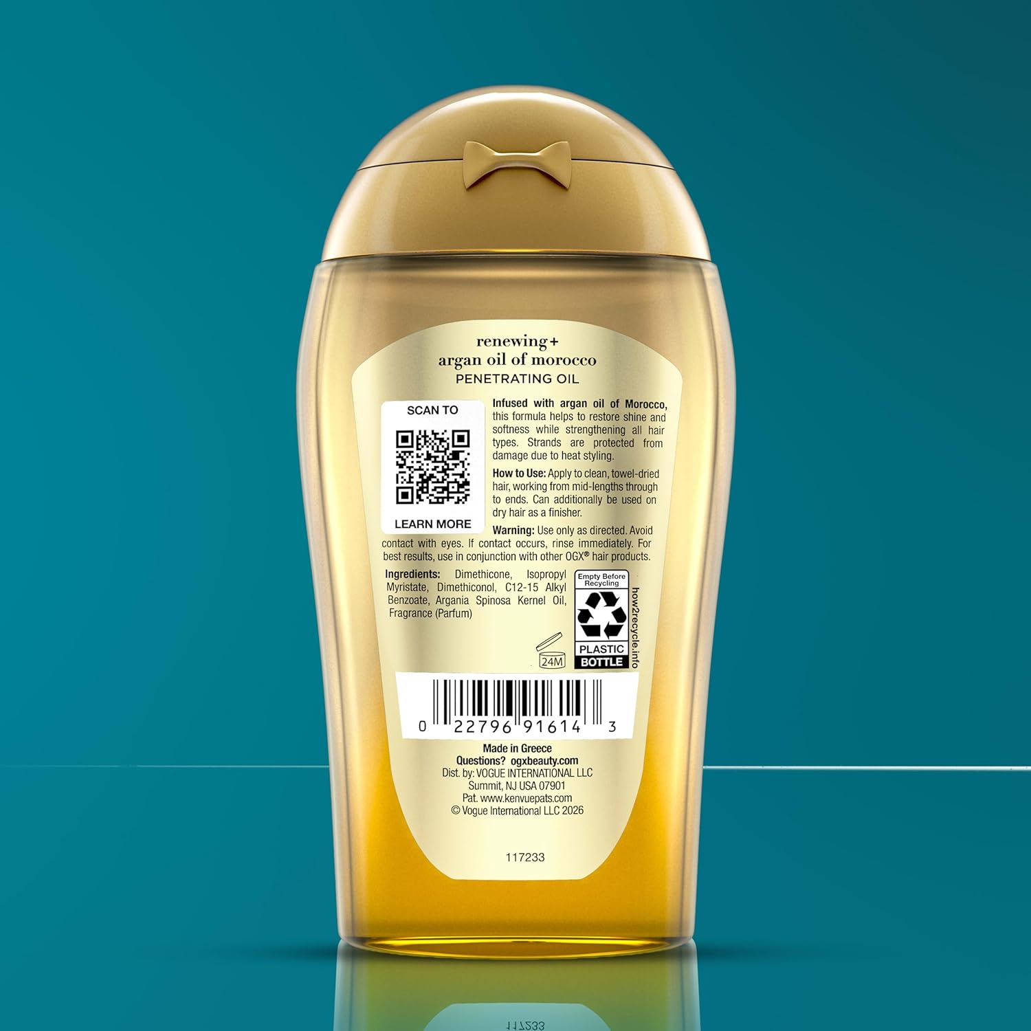OGX Renewing + Argan Oil of Morocco, Cold-Pressed Argan Oil for Hair Penetrating Treatment & Shine, Moisturizing & Strengthening Silky Oil for All Hair Types, Paraben & Sulfate Free, 3.3 fl oz