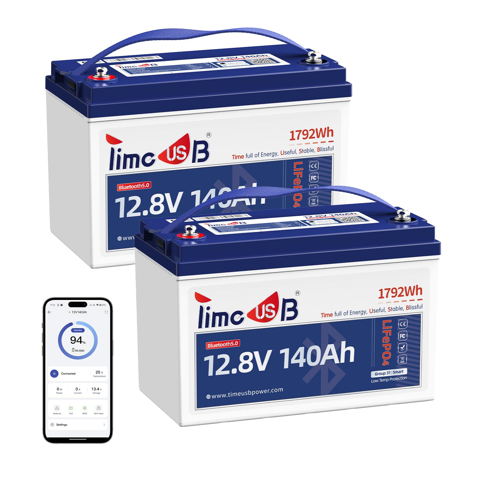 12V 140Ah LiFePO4 Battery with Bluetooth, Timeusb Lithium Battery with Low-temp Protection, 700A Discharge @1s, 150A BMS, Group31, Perfect for