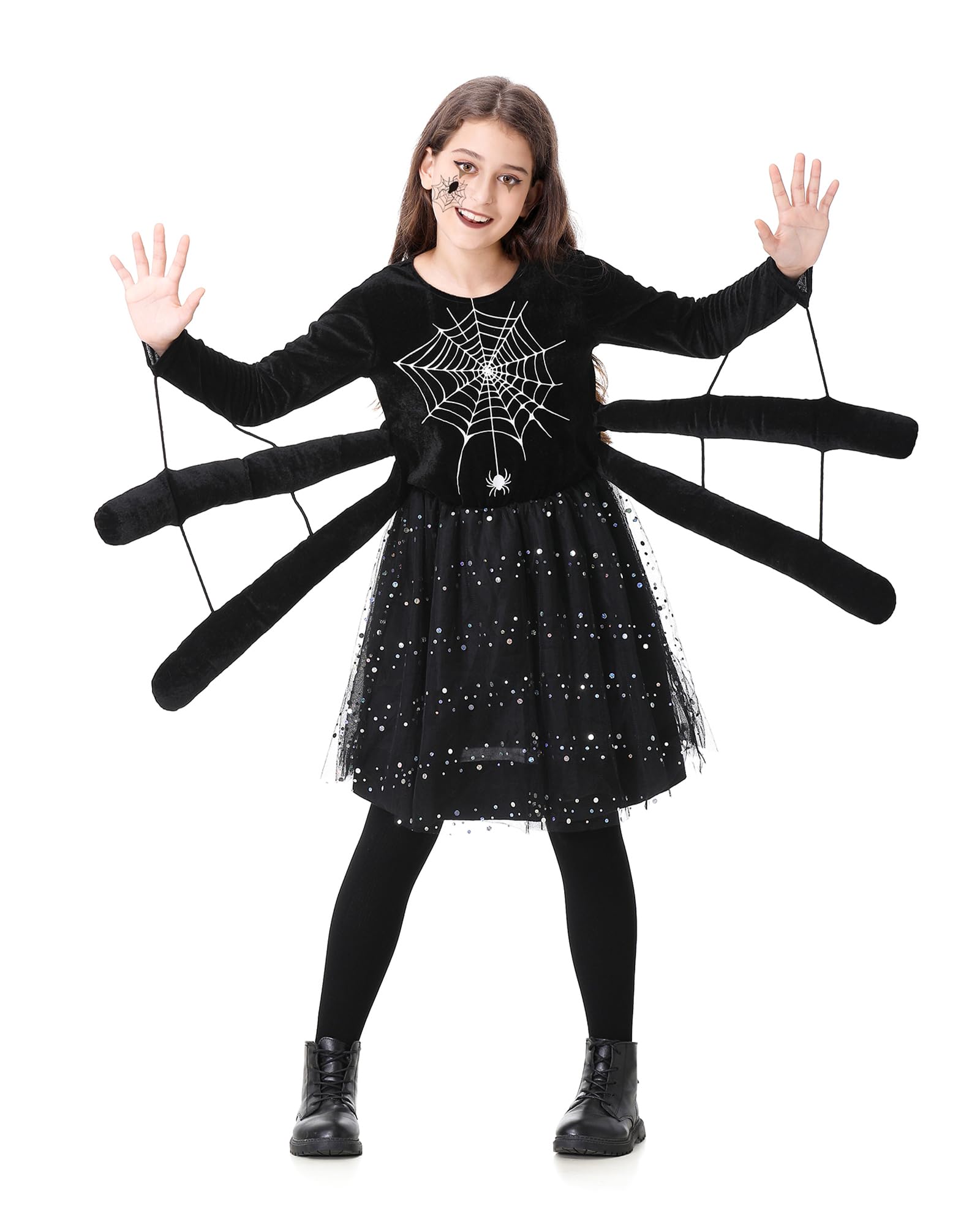 maxToonrain Halloween Black Spider Costume for Kids Spider Dress with Legs Girl Fancy Dress with Spider Web Glittering Polka Dot (10-12 Yrs, X-Large)