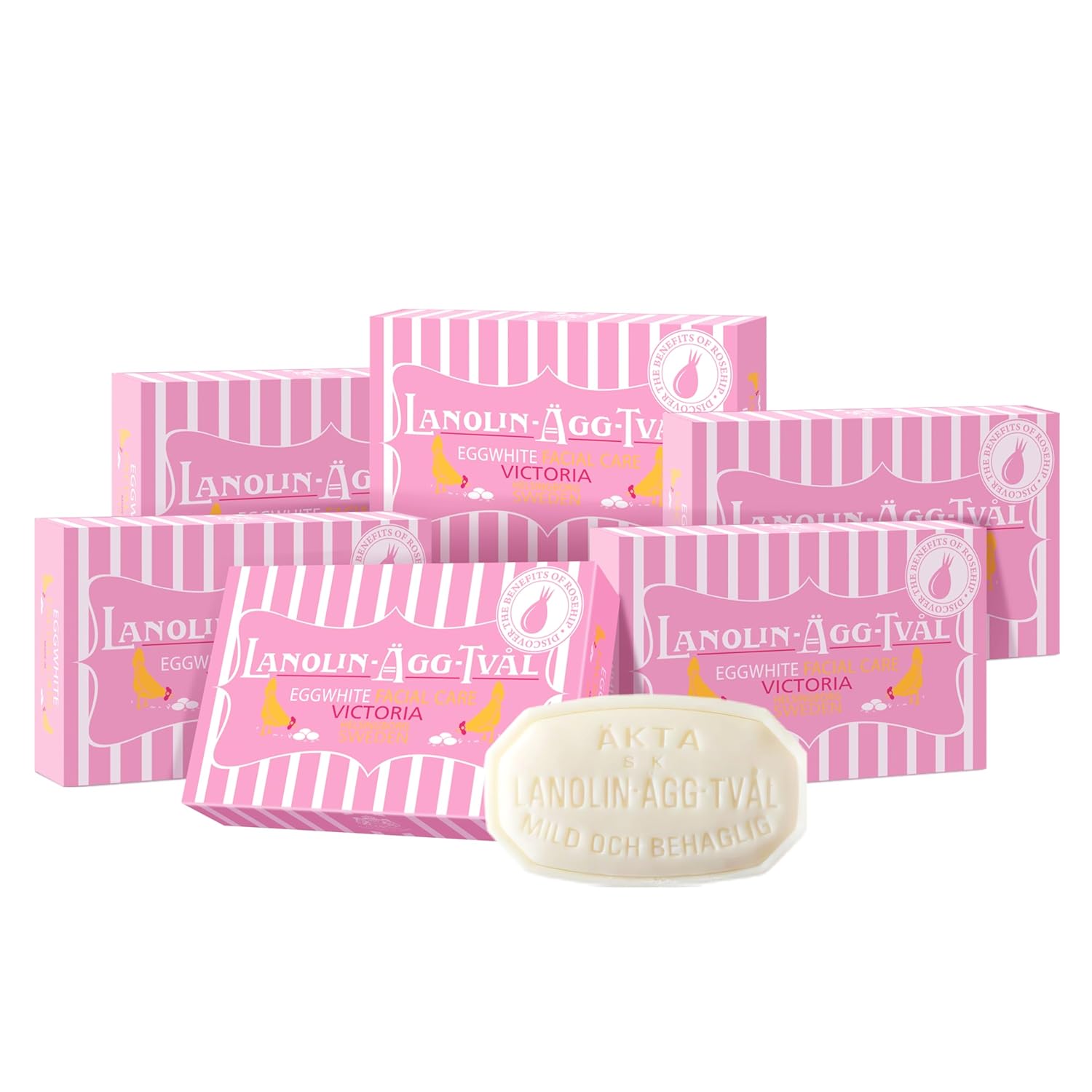VICTORIA Swedish Egg White Facial Soap, 3-in-1 Gentle Daily Cleanser, Enriched with Rosehip & Rose Water, for Dry & Sensitive Skin, 50g x 6 (6-pack-set)