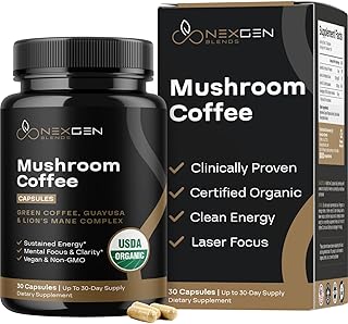 100% Organic Mushroom Coffee Capsules - Natural Energy Supplement with 130mg Caffeine from Clinically Proven Patented Green Coffee Bean & Guayusa Extracts for Jitter-Free Energy & Focus (30 Servings)