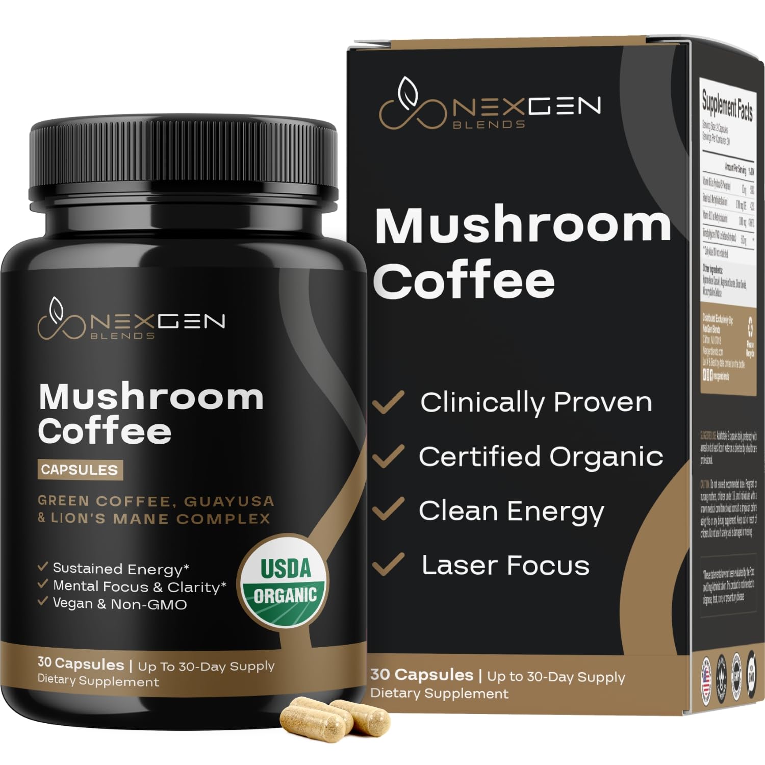 NEXGEN BLENDS Cápsulas de café com cogumelos orgânicos e cafeína 130 mg, 30 cápsulas