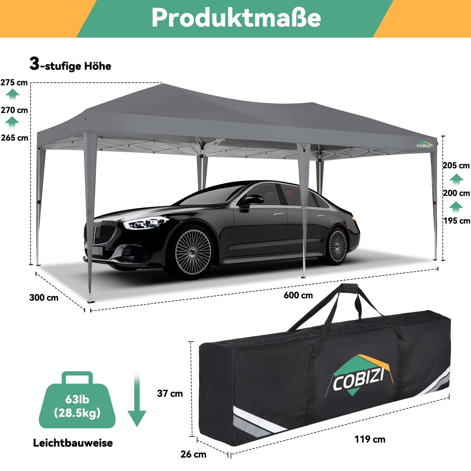 COBIZI Pavillon 3x6 Faltpavillon Wasserdicht Stabil Winterfest Faltbar Partyzelt mit 6 Seitenteilen Pop up Gartenpavillon UV Schutz 50+ Höhenverstellbar für Strand Hochzeit Camping, GRAU