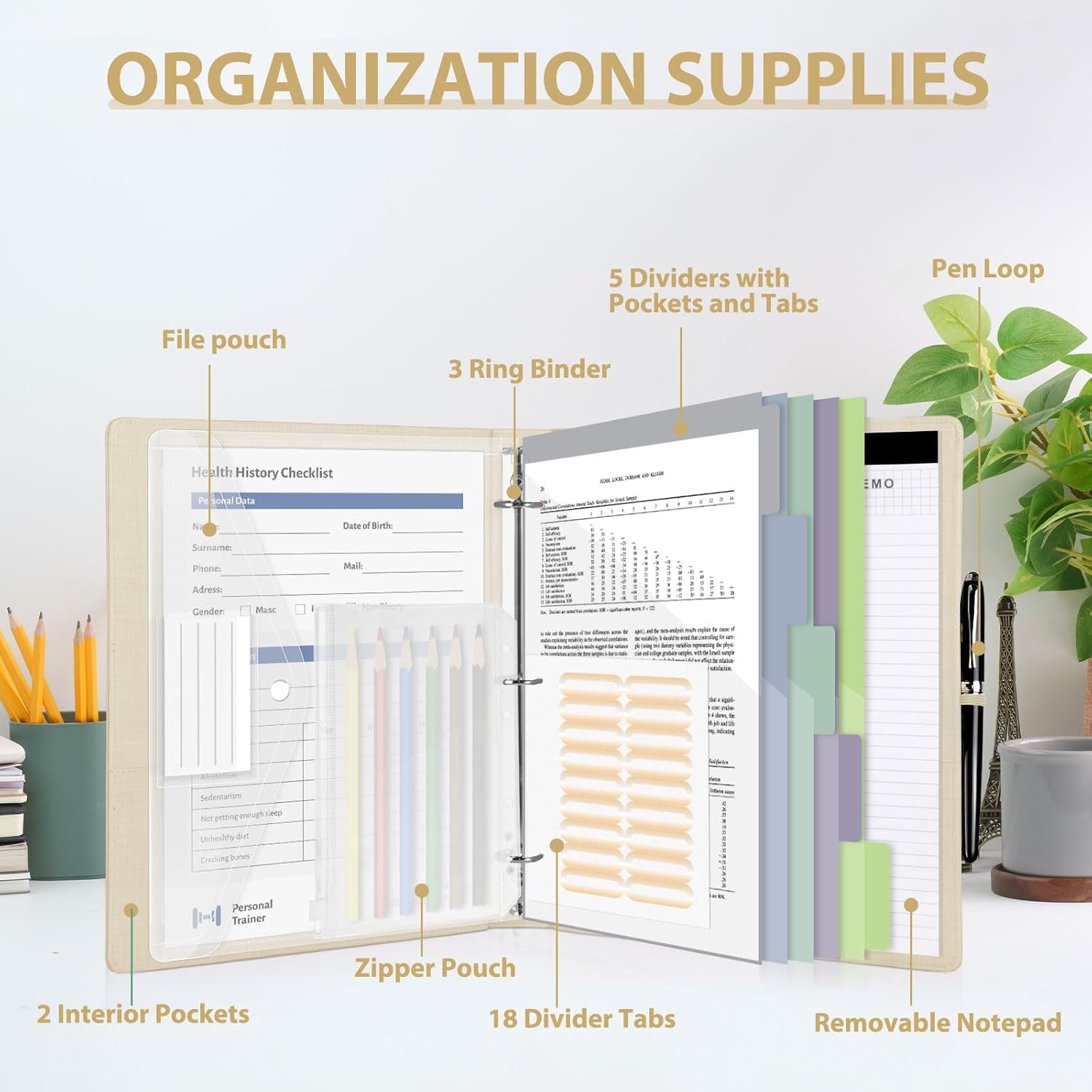3 Ring Binder with Clipboard,1 Inch Binders with Notepad&5 Dividers with Pockets, Labels,PU Clipboards for School Office(Beige Flower,Letter Size)