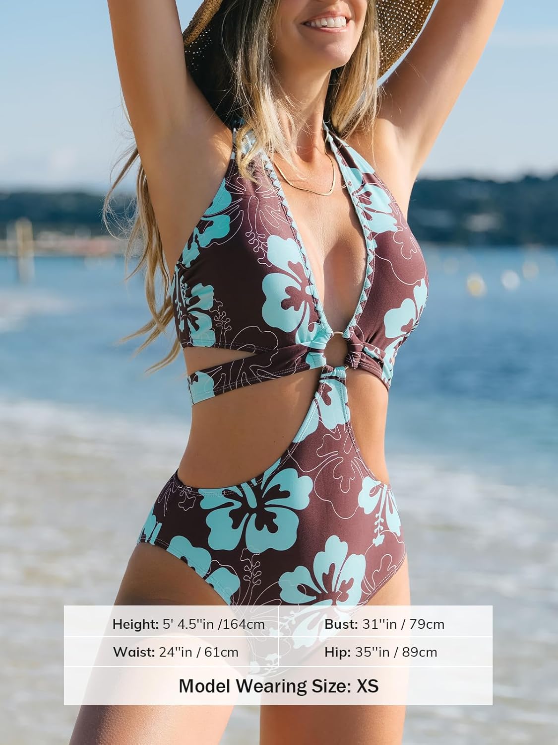 CUPSHE Women's One Piece Swimsuit Plunging Neck Halter Strappy Bathing Suit Cutout O Ring Shell Stitch Swimwear - Image 5