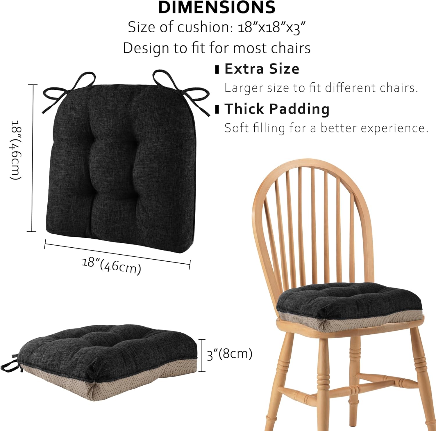 ELFJOY Chair Cushions for Dining Chairs Set of 4 Office Chair Cushion 18x18x3 Inches Kitchen Chair Pads Soft and Comfortable Seat Cushion with Ties and Non Slip Backing, Black