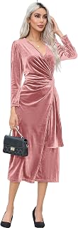Womens Velvet V Neck Wrap Dress Fall Winter Long Sleeve Waist Ruched Ela...