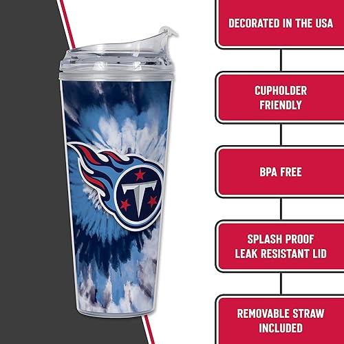 Miniatura 100 de Rico Industries NFL - Vaso de purpurina acrílica de 24 onzas con tapa con bisagras, vaso de doble pared con licencia oficial y popote Tie Dye