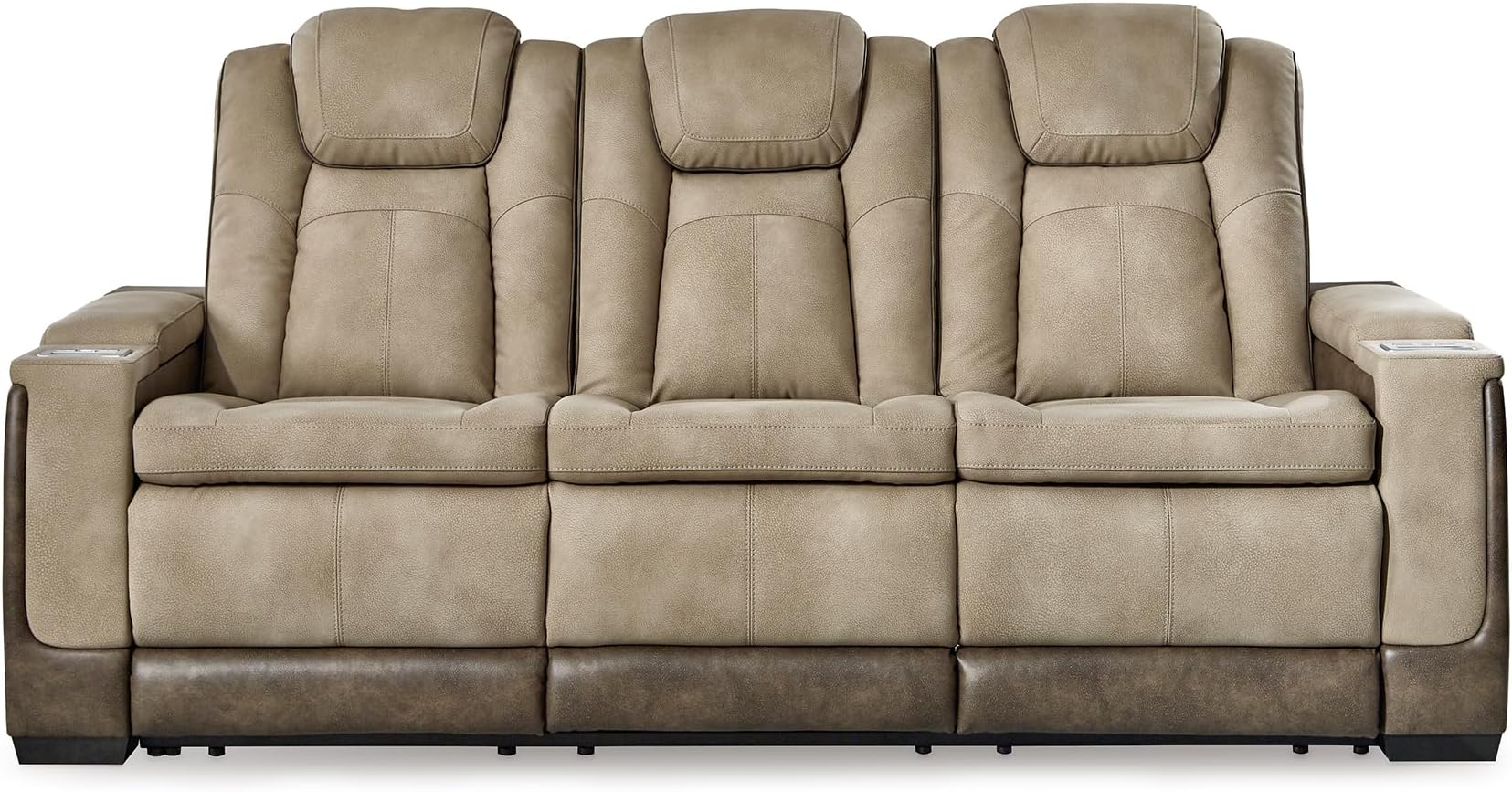 - Next-Gen DuraPella Power Reclining Sofa – Wireless & USB Charging, Zero-Gravity, Adjustable Headrest, Water-Repellent Faux Leather, Drop-Down Table, Beige/Brown, 86”