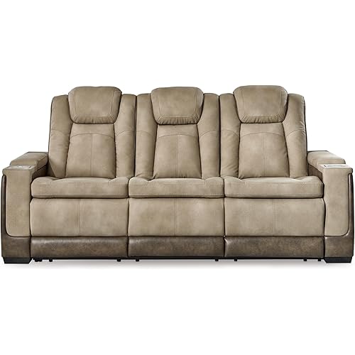 Signature Design by Ashley Next-Gen DuraPella Power Reclining Sofa – Wireless & USB Charging, Zero-Gravity, Adjustable Headrest, Water-Repellent Faux Leather, Drop-Down Table, Beige/Brown, 86”