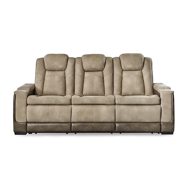 Signature Design by Ashley Next-Gen DuraPella Power Reclining Sofa – Wireless & USB Charging, Zero-Gravity, Adjustable Headrest, Water-Repellent Faux Leather, Drop-Down Table, Beige/Brown, 86”