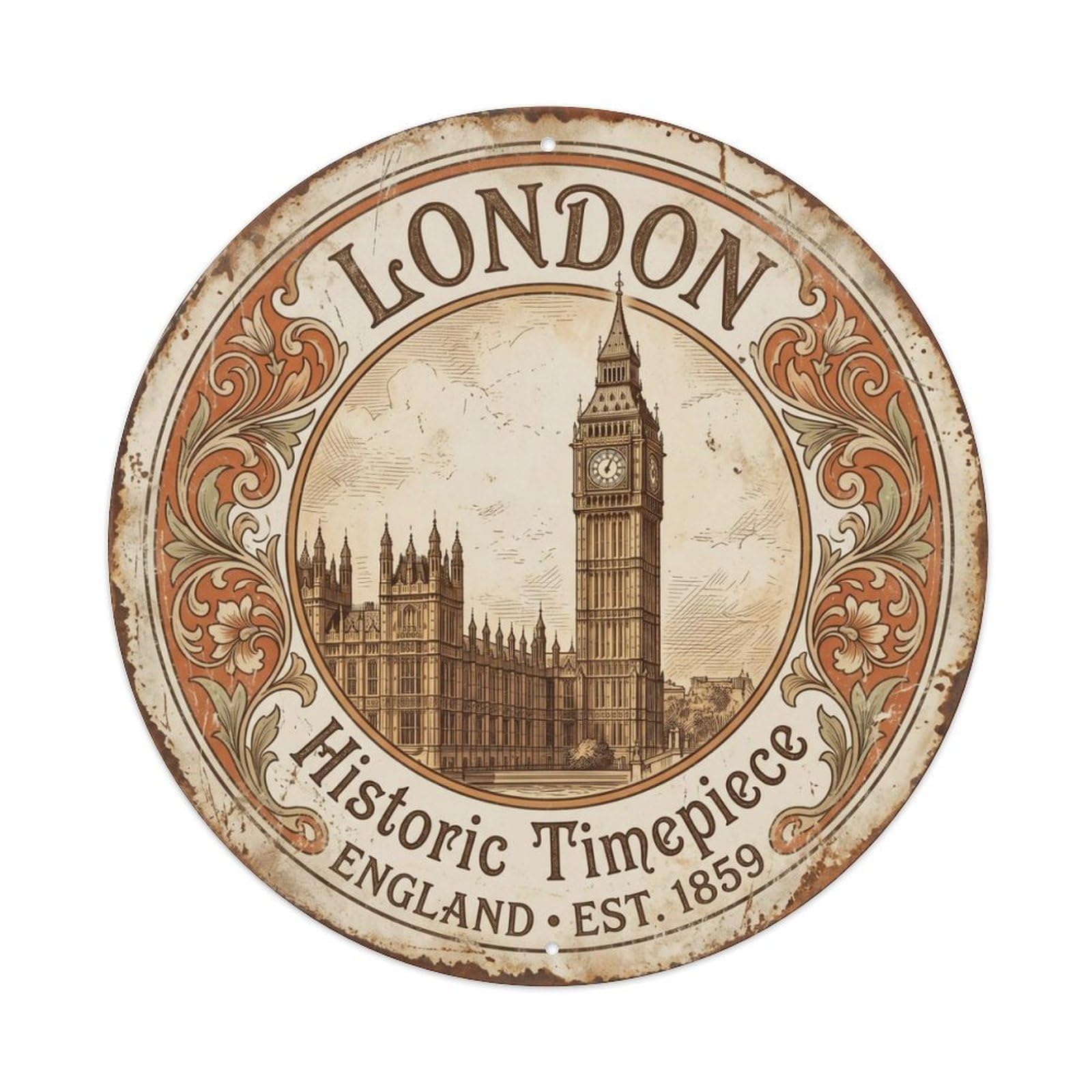 Vintage Travel London Clocktower England Metal Tin Sign Plaque Wall Decor for Cafe, Club Bar, Office, Home Garden Round Metal Poster 8x8Inch