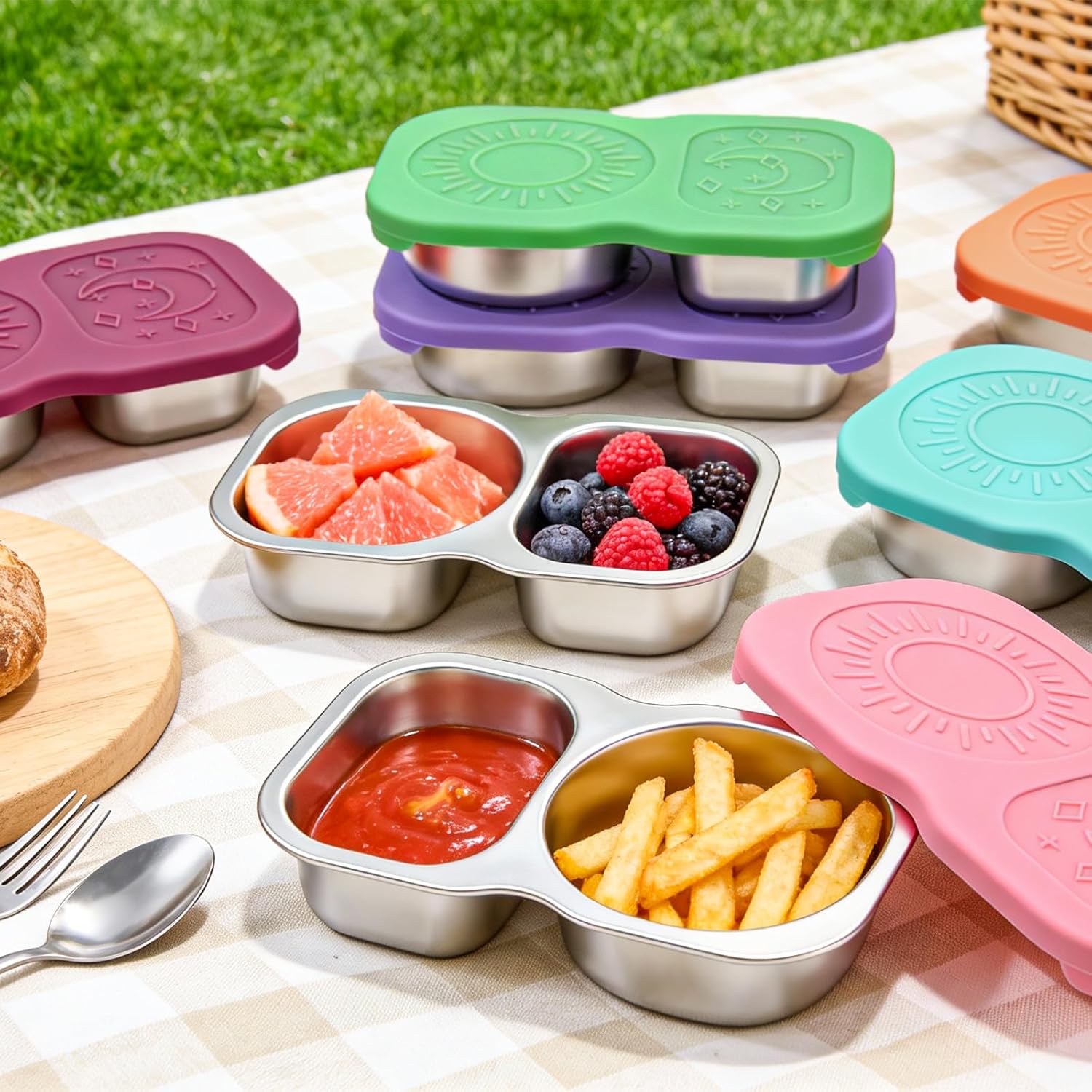 QCQHDU Snack Containers, 2-Compartment Small Stainless Steel Reusable Snack Boxes for Portion Control, Meal Prep Lunch Food Sauce Storage Lunchable Accessories Salad Dressing Containers to Go, 2 Pack - Image 7