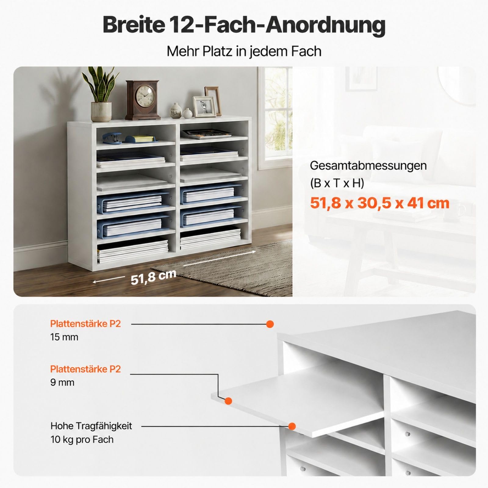 Weißer Schreibtisch-Organizer aus Holz mit 12 Fächern, Dokumentenablage mit herausnehmbarem Einlegeboden für Post, Akten und Magazine