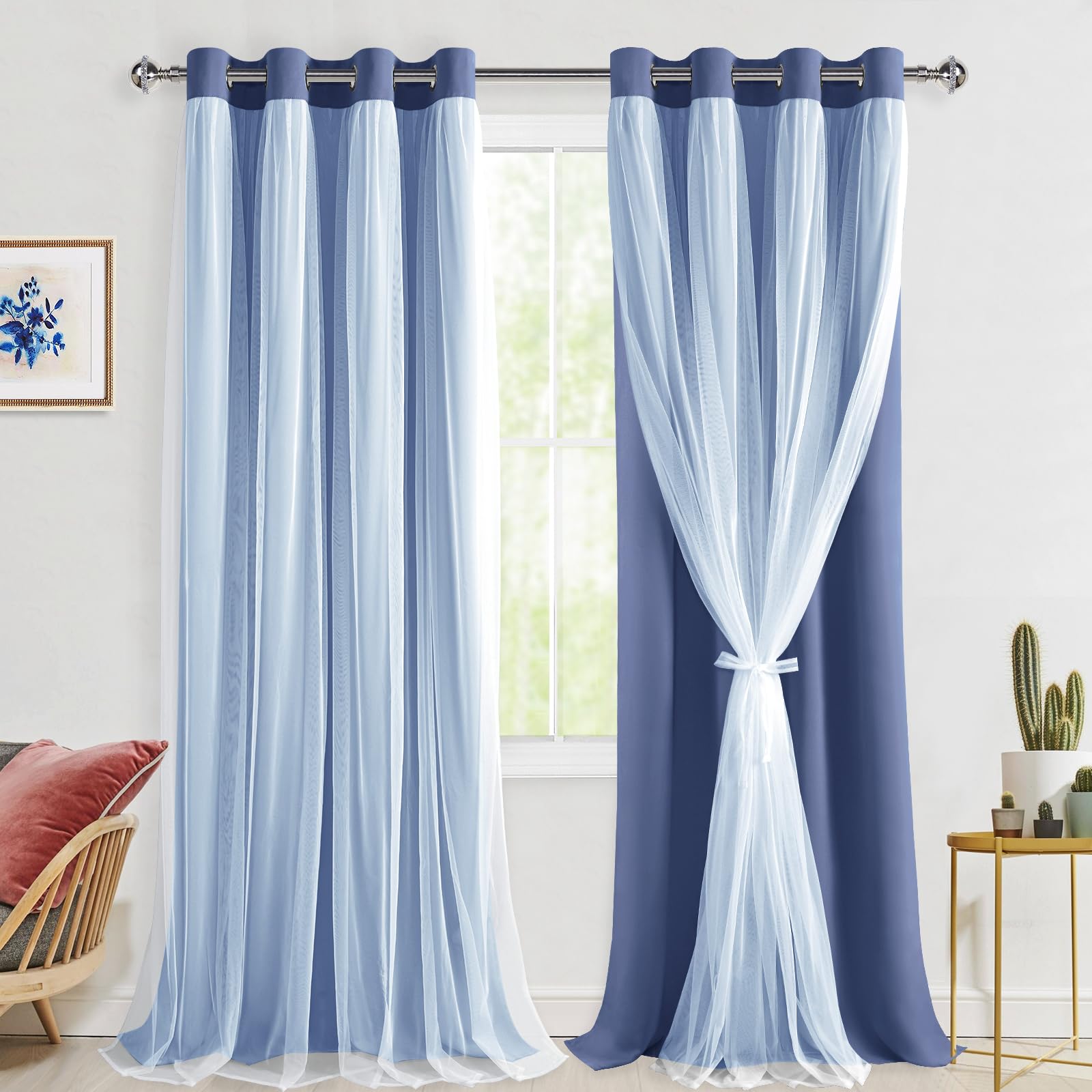 Rideaux occultants double couche Hiasan 132x274cm isolation thermique bleu brume