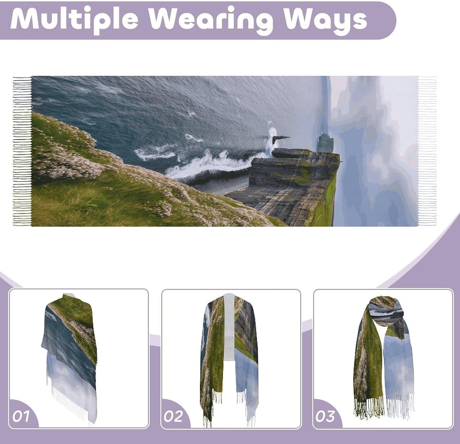 Ireland Outdoors County Clare The Cliffs Winter Scarf for Women Soft Tassel Scarves Oversized Wraps Long Shawl Cold Weather Thick Blanket Scarfs