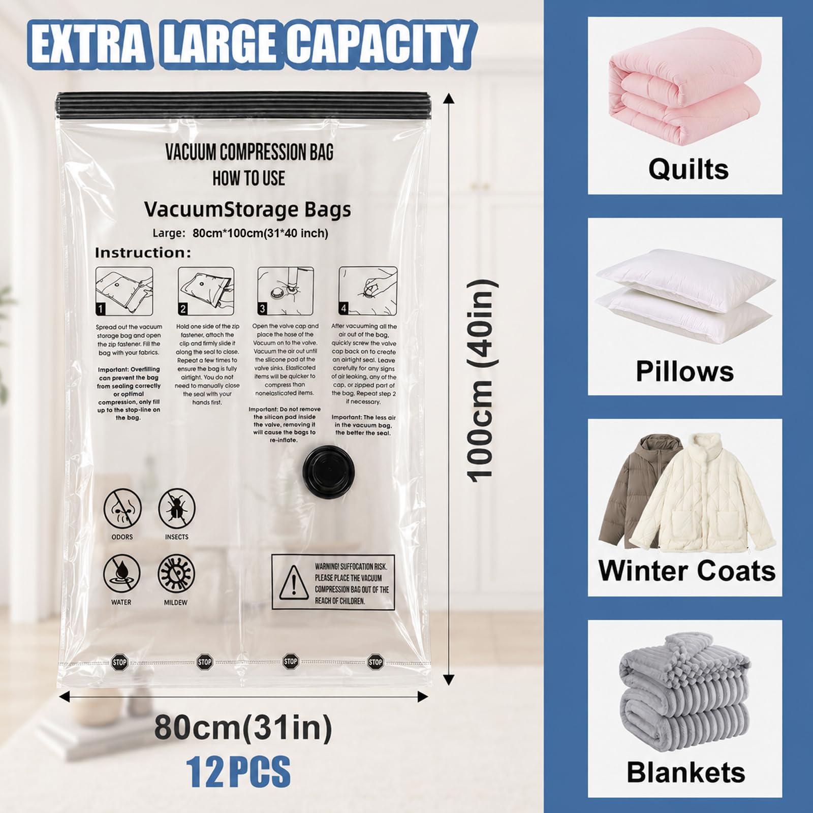 80x100 cm Sacchetti sottovuoto Vestiti 12 Pezzi Aumentare Sacchi Riutilizzabili Buste Salvaspazio Sacchi Sacchetti sottovuoto Piumoni Vestiti Viaggio per Valigia Organizer viaggio Abbigliamento