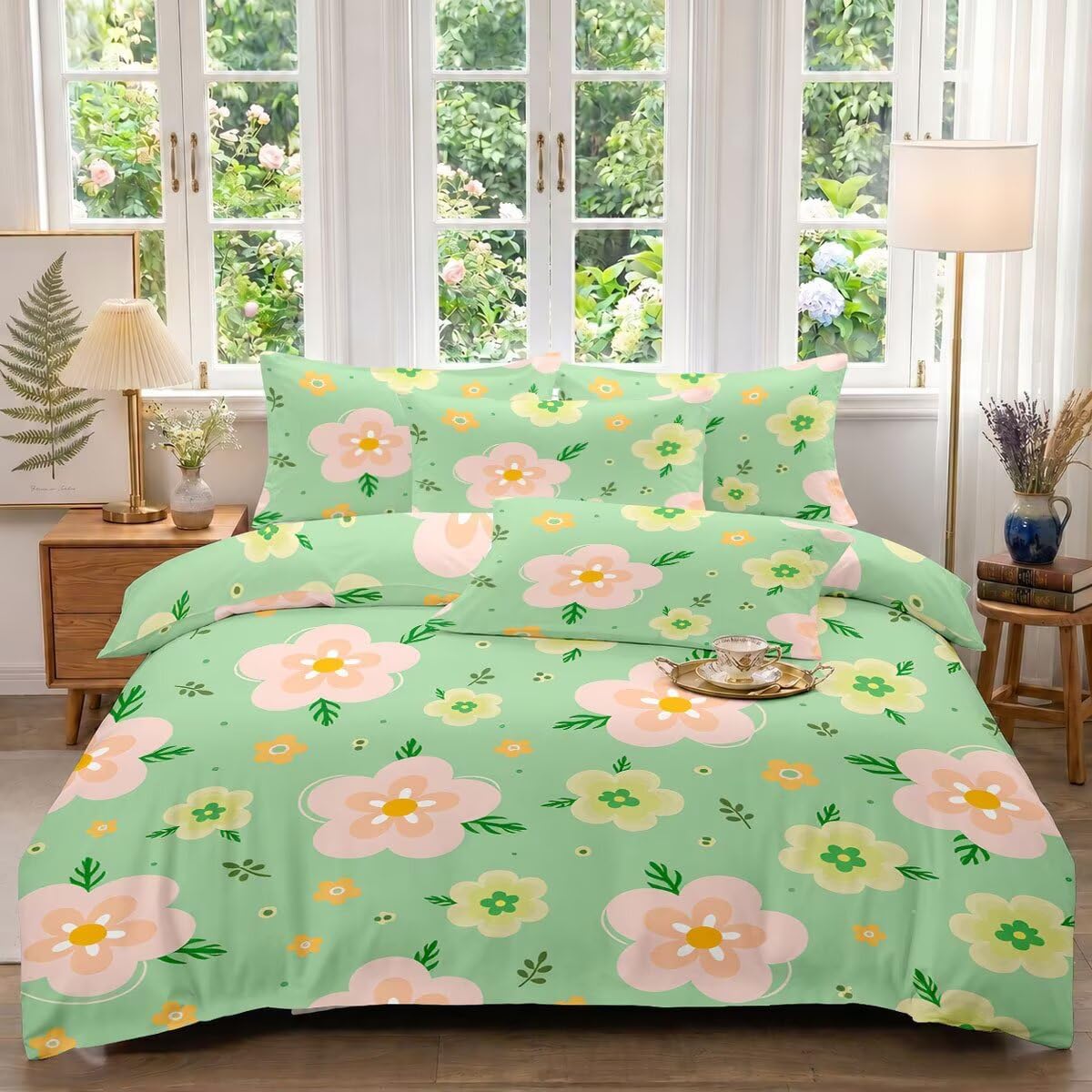 ViblyCoz Pink Yellow Green Floral Daisy Pattern Single Duvet Cover Set White 3 Piece Bedding with 1 Duvet Cover 135x200cm and 2 Pillowcases