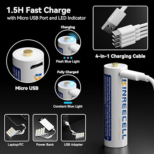 Miniatura 5 de Baterías recargables AA de litio, 2600 mWh (1700 mAh) 1.5 voltios de litio, vida útil de 1500 ciclos, baterías de iones de litio USB de carga