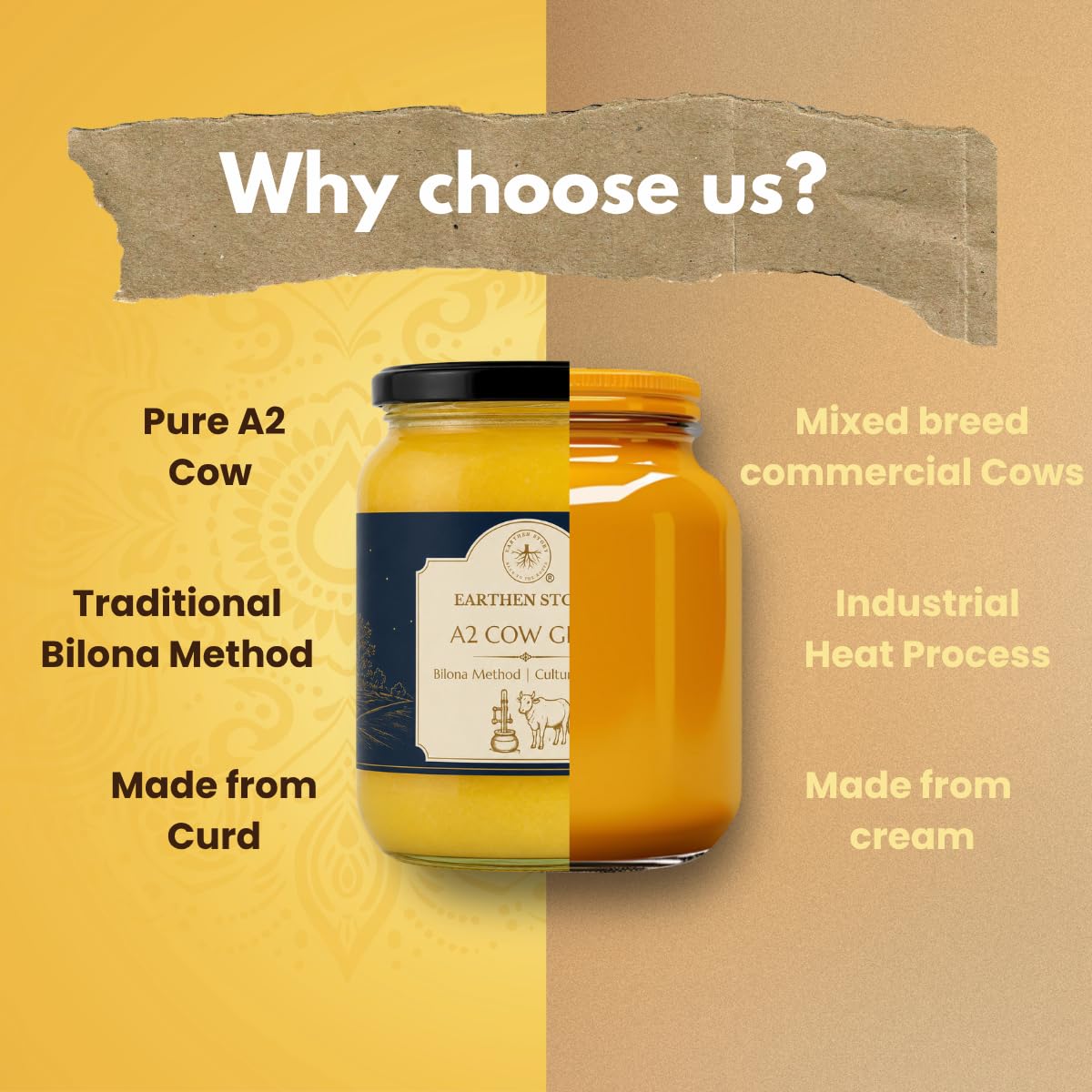 Earthen Story Ghee A2 de Gir Cow 1L | Probado en laboratorio para más de 250 pesticidas | Método tradicional Bilona de cuajada | Ghee de vaca védico puro A2 en tarro de vidrio