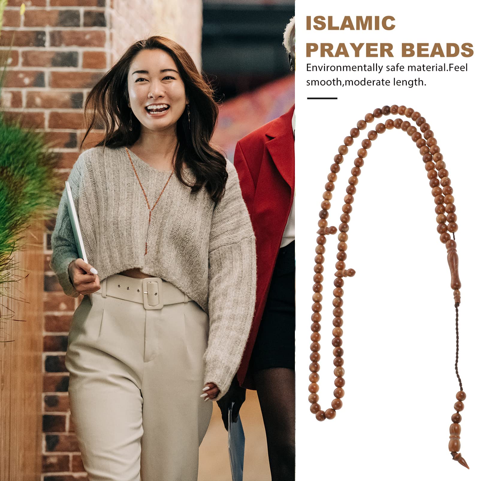 BESPORTBLE Collar de oración del Islam Masbaha 99 perlas de madera auténticas de Indonesia, cuentacasos, cuentas de zigzar, cuentas de oración, rosario, musulmanes, tasbih Misbaha, 6 mm