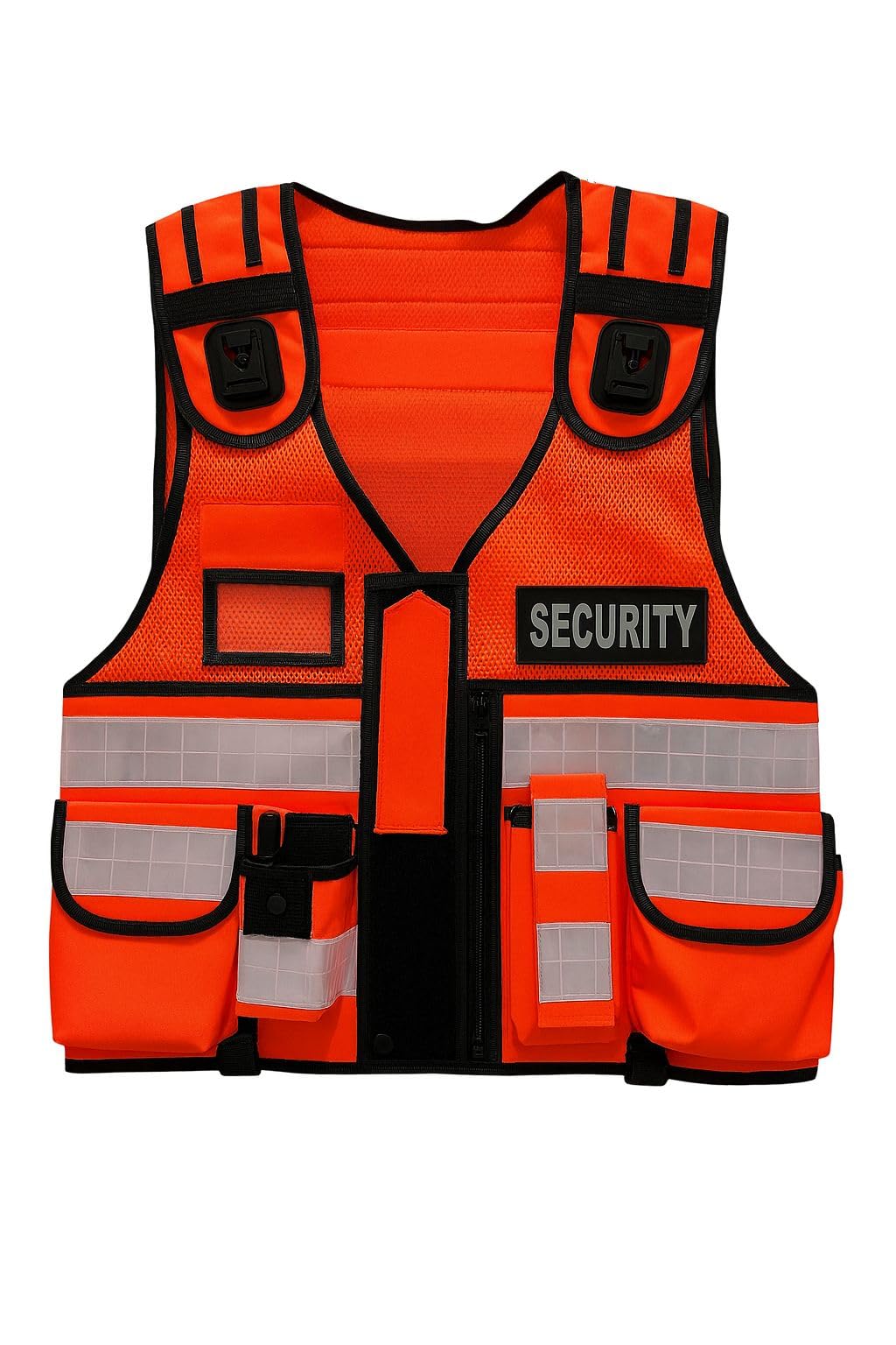 Gilet de sécurité tactique haute visibilité en maille de polyester avec bord en nylon, taille réglable, plusieurs poches, bande réfléchissante 3M, clips pour caméra