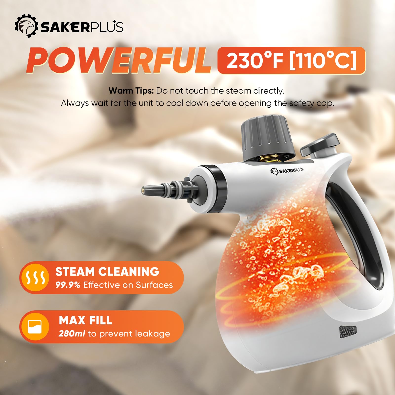 SakerPlus Dampfdesinfektionsreiniger, Handdampfer mit 9-teiligem Zubehör für die Reinigung von mehreren Oberflächen, natürliche Desinfektion für Küche, Boden (1 x Dampfreiniger-Kit)