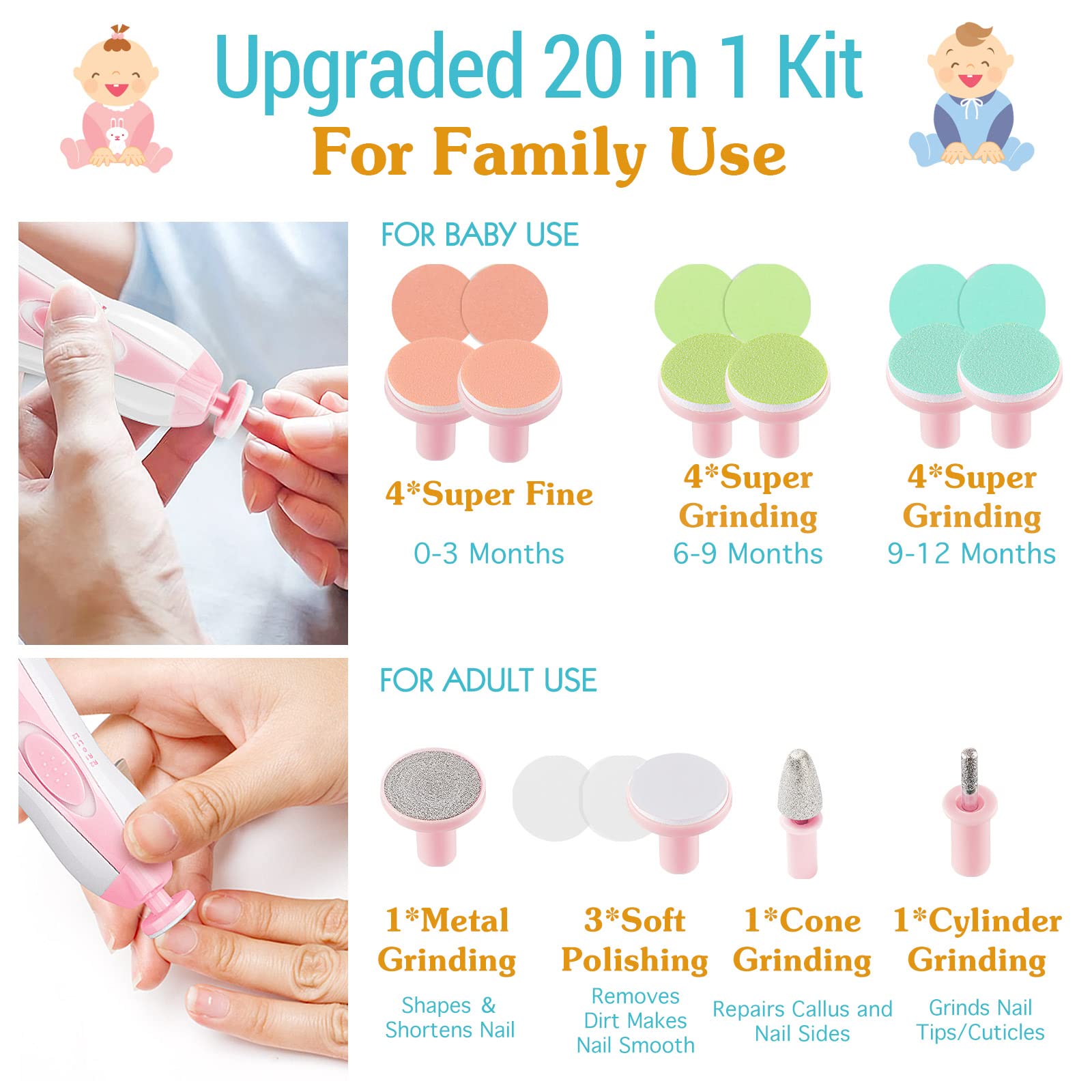 Cortauñas de Bebé 20 en 1, Cortauñas Eléctrico de Bebé, Kit de Lima de Uñas con 12 Almohadillas de Repuesto, Kit de Recorte para Uñas, Dedos, Recién Nacidos, Bebés, Niños Pequeños o Adulto,Rosa