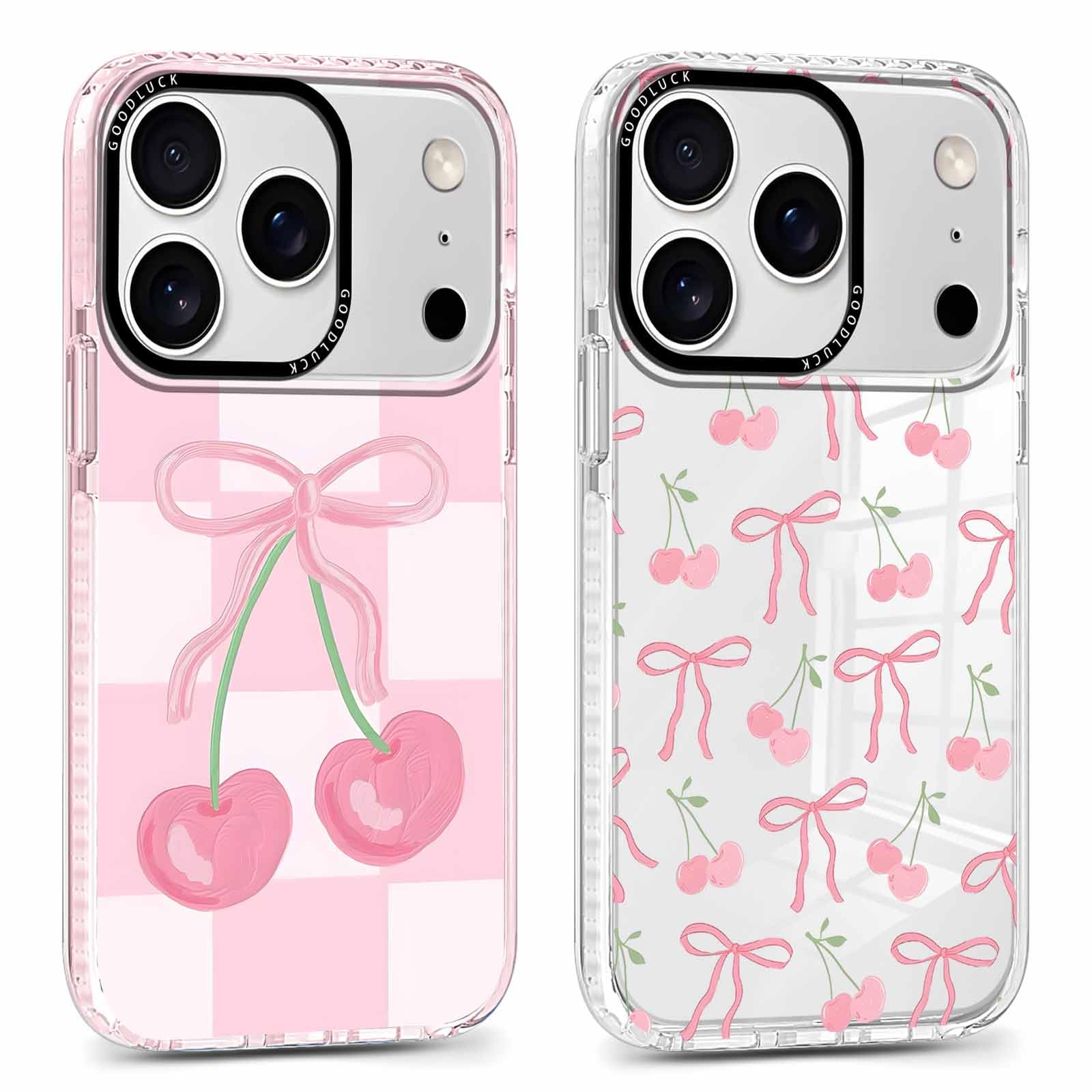 Confezione da 2 custodie per telefono per iPhone 17 Pro da 6,3 pollici, estetica trasparente con nastro rosa ciliegia a scacchi, design stampato per donne e ragazze, custodia morbida sottile
