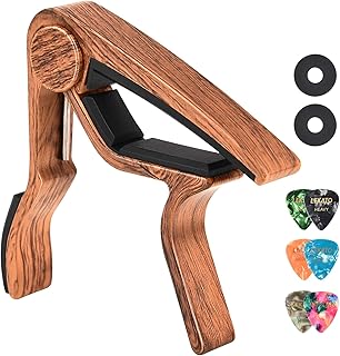 カポタストギター ワンタッチ エレキギター アコギ用 LEKATO バネ式 フォークエレキ クラシック アコースティック ファイバークロス ギターピック 6枚ピックと2つのストラップロック (木目カラー)