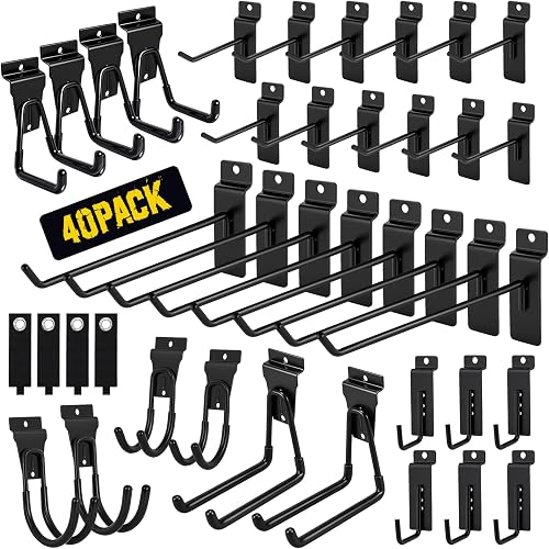 Truxwal 40-Piece Slatwall Hooks Kit - Heavy-Duty Steel Slatwall Accessories for Garage and Workshop Organization