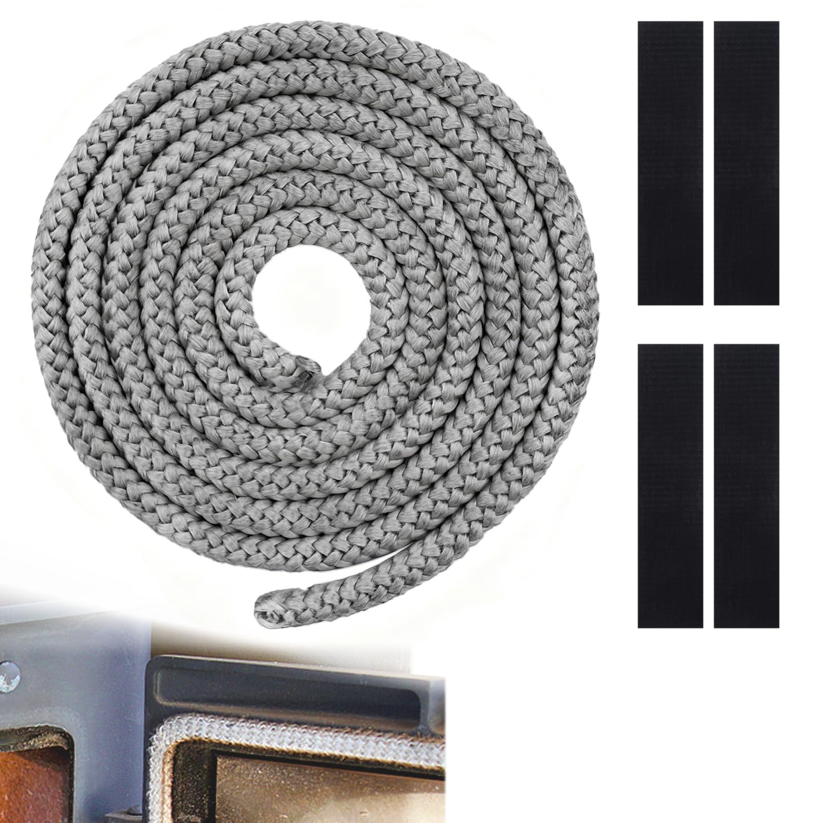 1 Pezzi Guarnizione per Porta Stufa+4 Nastri,Guarnizione Stufa a Legna,Fibra di Vetro Corda Ignifuga per Stufa,per Camino,Stufe,Resistente Fino a 450-550℃(10mm*2m,Grigio)
