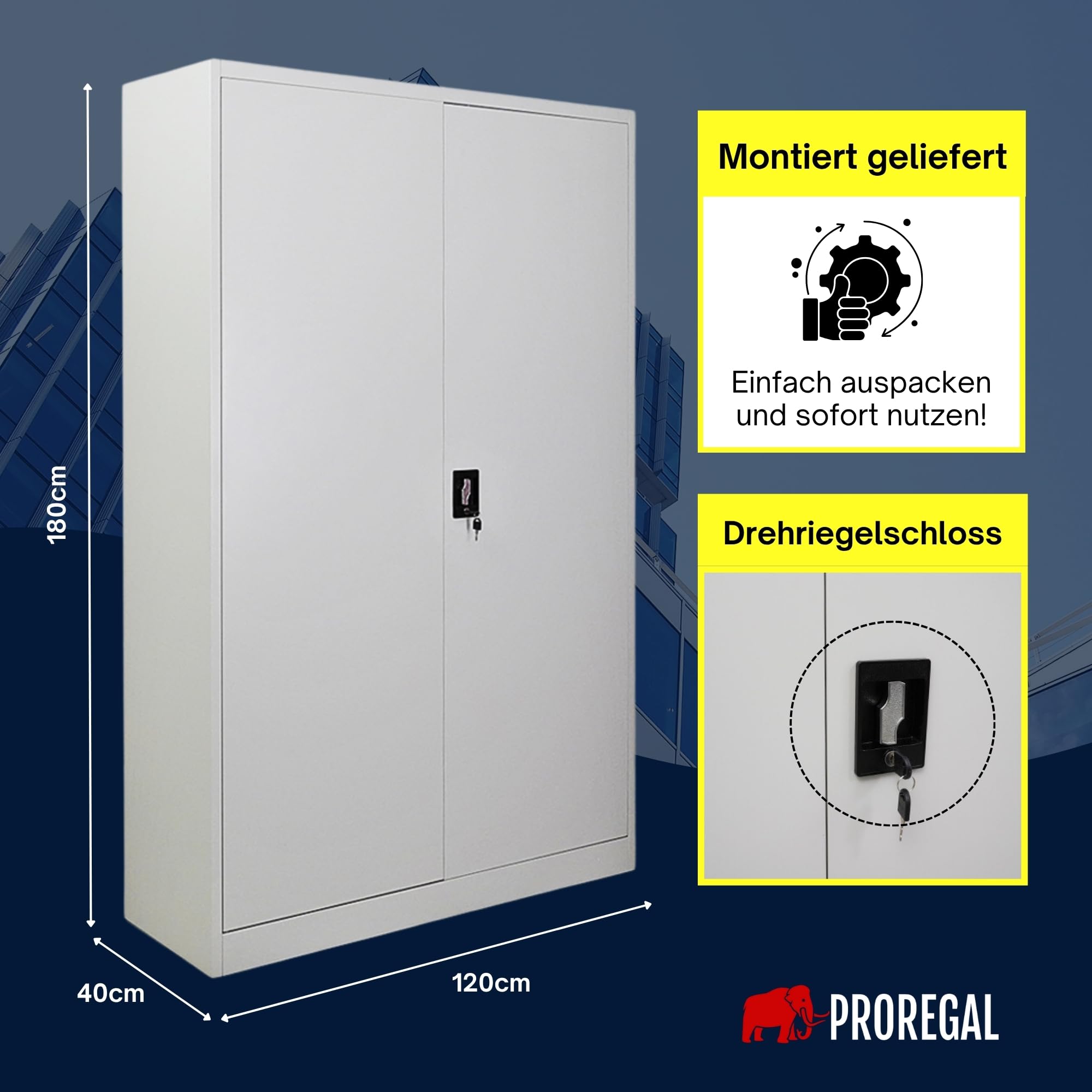 PROREGAL Armoire à Portes battantes Elephant entièrement monté classeur métallique verrouillable 2 Portes 180x120x40cm 4 Niveaux en Acier Gris Clair