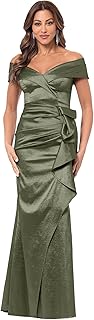 Women's Off-The-Shoulder Sweetheart Neck Taffeta Gown with Side Sweep Detail, Olive, 4