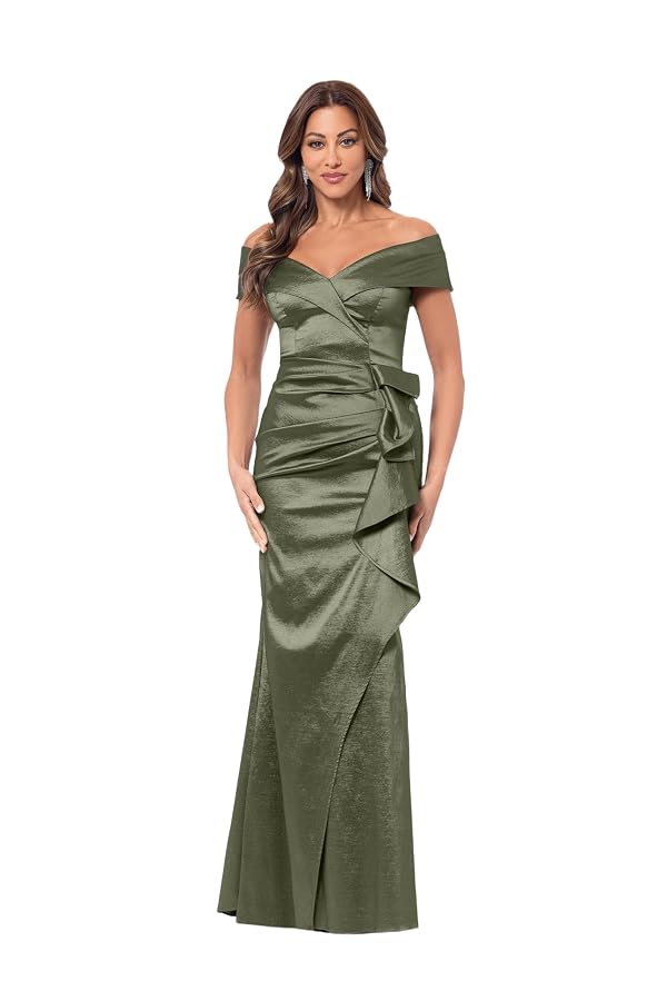Xscape Women's Off-The-Shoulder Sweetheart Neck Taffeta Gown with Side Sweep Detail, Olive, 8 by Xscape - Used condition - US$197.50