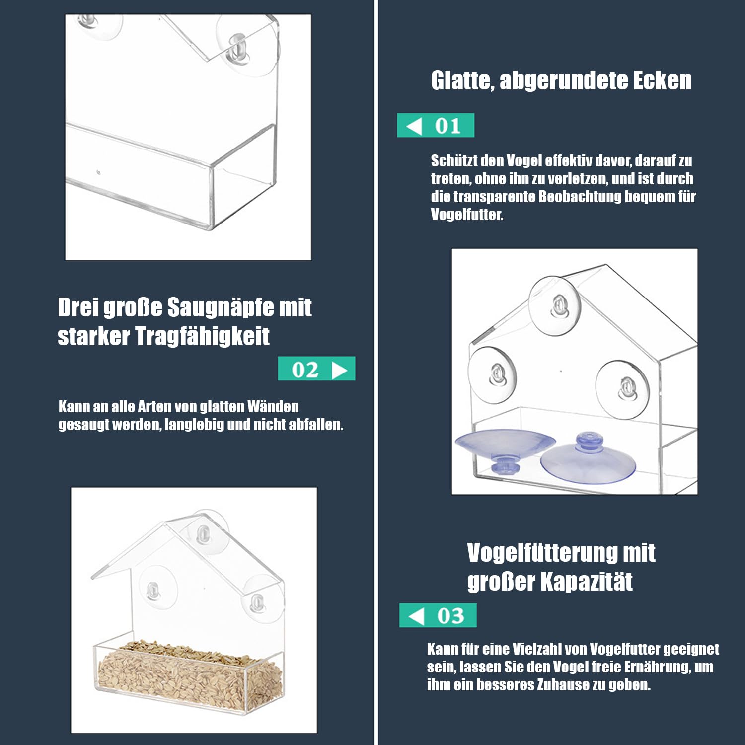 Akrylowa klatka dla ptaków, karmnik dla małych ptaków, artykuły dla zwierząt, przezroczysta, montowana na ścianie, klatka dla ptaków z dachem (3 przyssawki (15 x 6,5 x 15 cm)