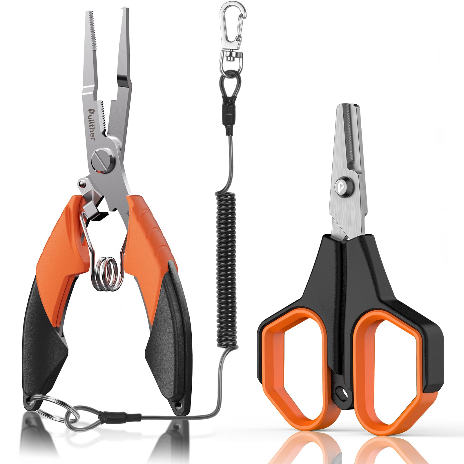 pullther Fishing Tools Kit, Fishing Pliers, Fishing Scissors, Fishing Line Cutter for Braided Fishing Line, Fishing Multitool with Lanyard (Orange, 17cm Fishing Pliers + Fishing Scissors)