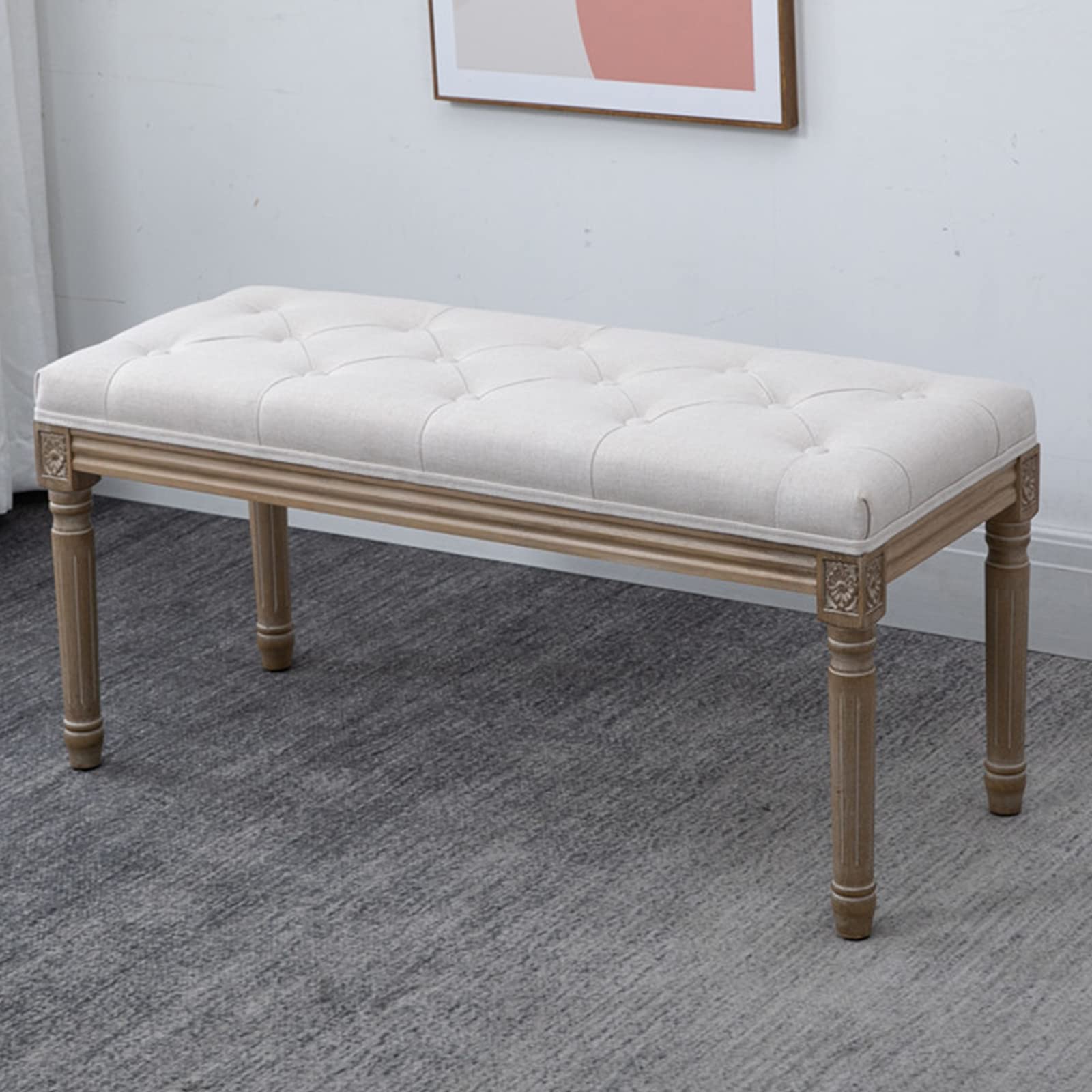 Tabouret de pied vintage beige capitonné banc de lit bois massif 80cm