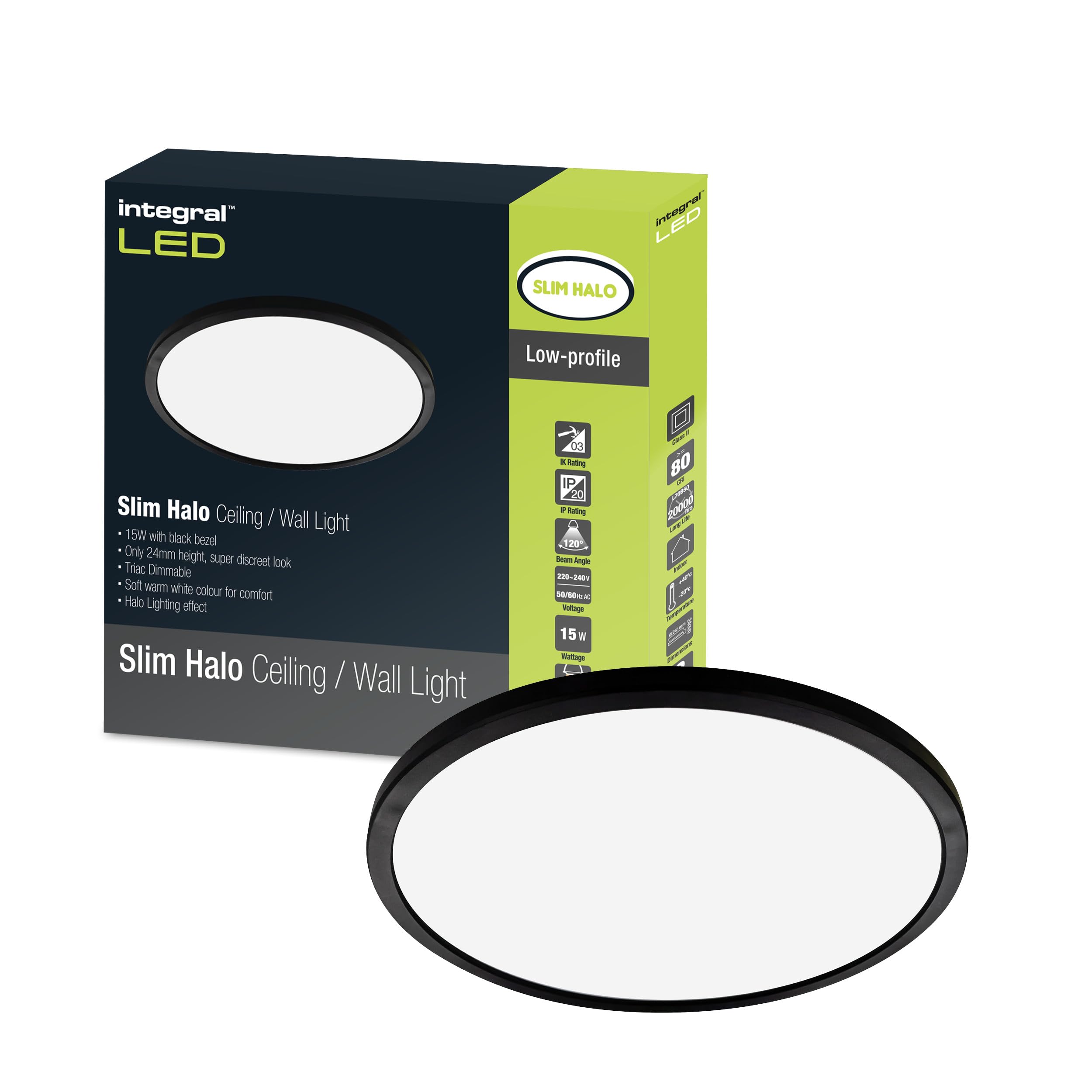 Integral Black Led 15W 1300Lm Dimmable Halo Ceiling And Wall Light | 241Mm Diameter | Modern Super-Slim Circular Design | Bezel | Ideal For Bedroom, Kitchen, Living Room, Study And Corridor