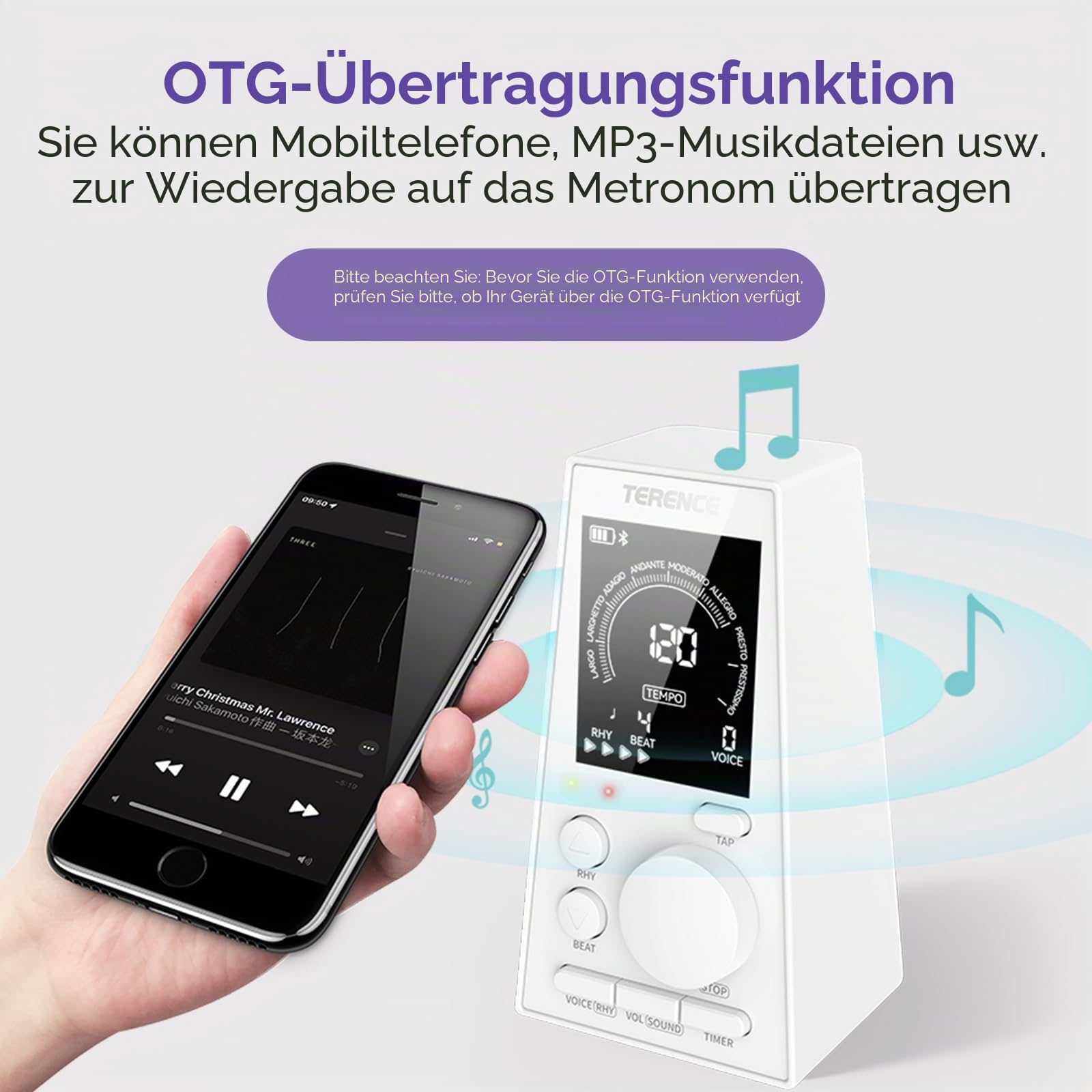 TERENCE Digitales Metronom Piano Gitarre Bass Eukliri Instrument Elektronisches Metronom mit Lautsprecher LCD Monitor Lautstärke Tempo einstellbar Timerfunktion wiederaufladbar 30-252bpm weiß