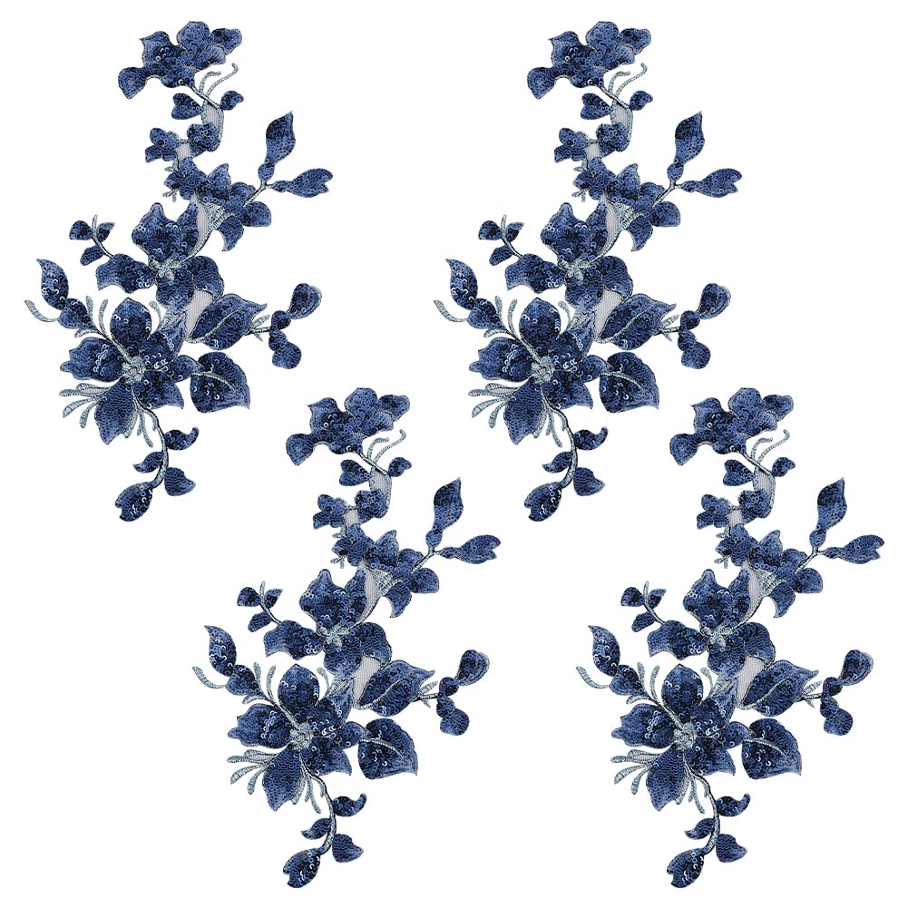 4 Piezas Bordado Lentejuelas Apliques de Encaje Hojas Azules Flores Parches Poliéster Decorativos Apliques Florales Vestidos Decoraciones de Costura para Tela Bricolaje Manualidades