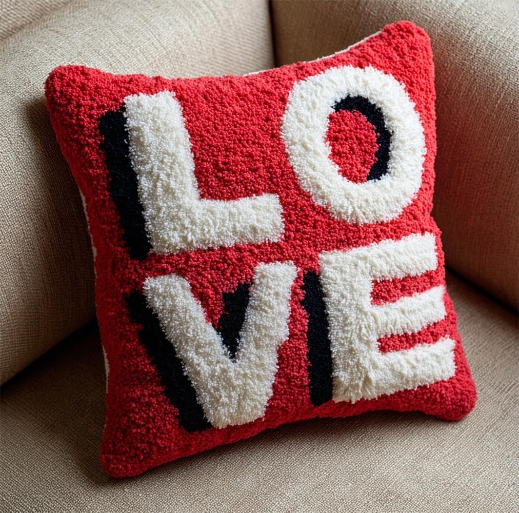 kitphoenix Latch Hook Kits for Adults -Love Latch Hook Pillow Kits for, Crochet Yarn Kit for Beginners, DIY Needlework Crafts Cover Case with Printed Canvas 17X17Inch