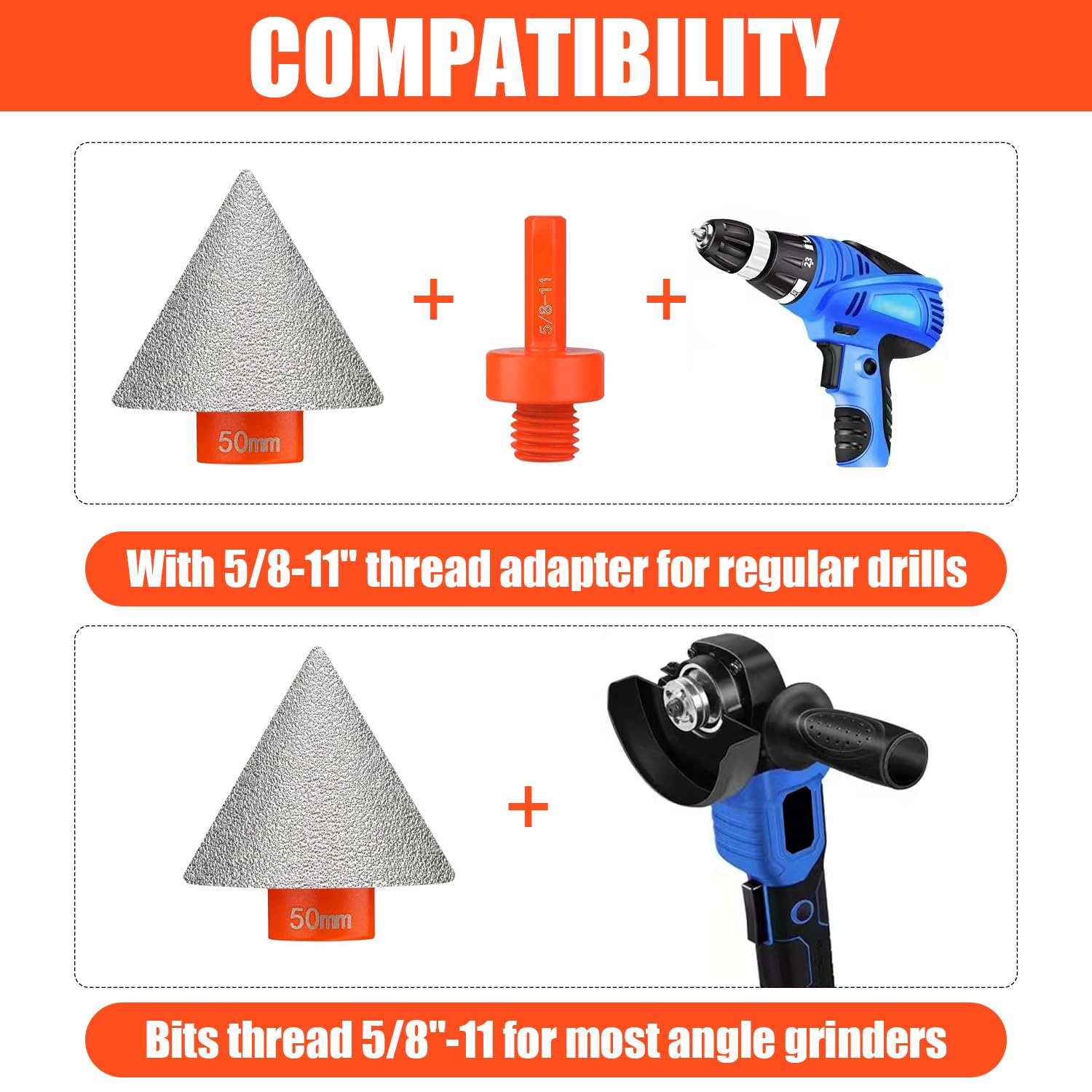 Set di 3 punte diamantate per smussatura da 50 mm, con adattatore filettato da 5/8-11", punta diamantata da 25 mm, set di punte per smerigliatrice a cono per piastrelle, per fori esistenti
