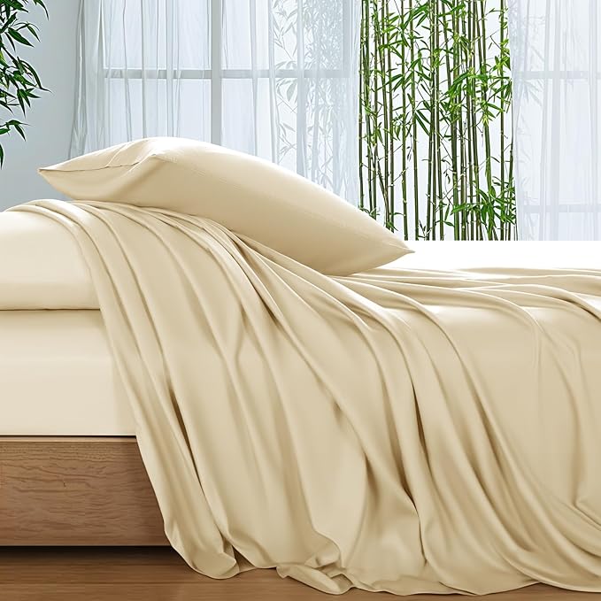 SONORO KATE 100% Viscose Derived from Bamboo_Sheets King Size, Ultra Breathable & Cooling Bed Sheets for Hot Sleepers, Hotel Luxury Silky Bedding Sheets, 16" Deep Pocket - 4PC (Beige,King)