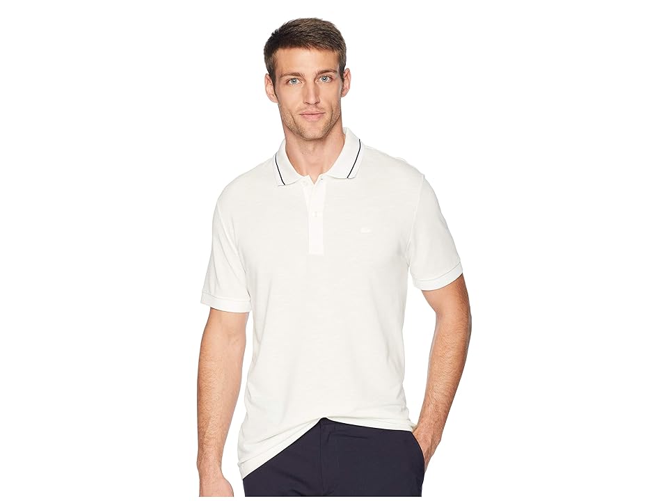 

Lacoste Short Sleeve Slim Fit Semi Fancy w/ Rubber Croc (Flour/White/Navy Blue) Men's Clothing